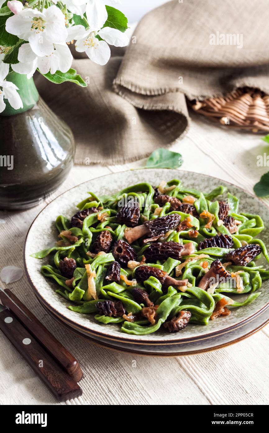 Homemade green nettle pasta with fried spring morel mushrooms on a plate Stock Photo