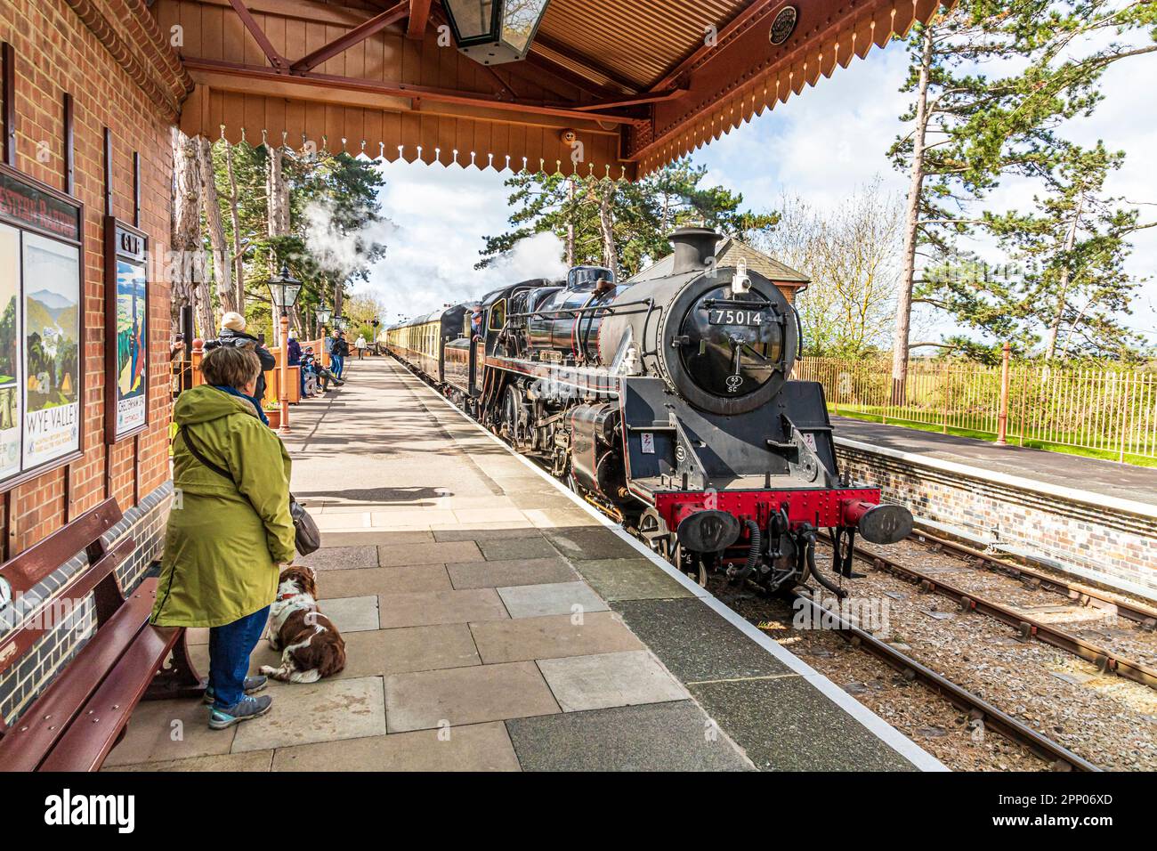 Braveheart, British Railways Standard class 4 4-6-0 No. 75014 pulling in to the platform at Broadway Station on the GWSR at Broadway, Worcestershire Stock Photo