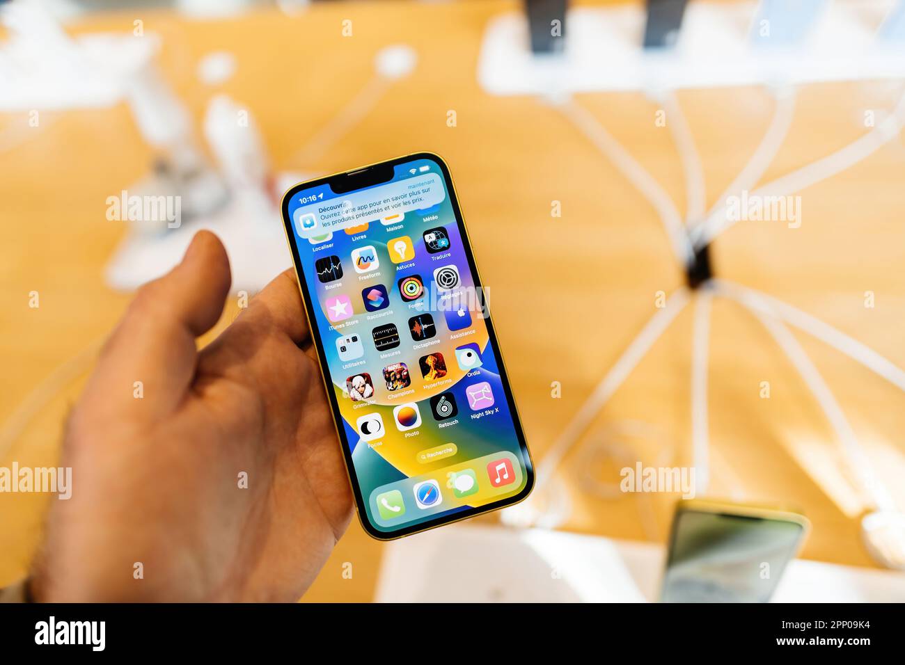 Paris, France - Mar 20, 2023: A modern smartphone from apple Computers