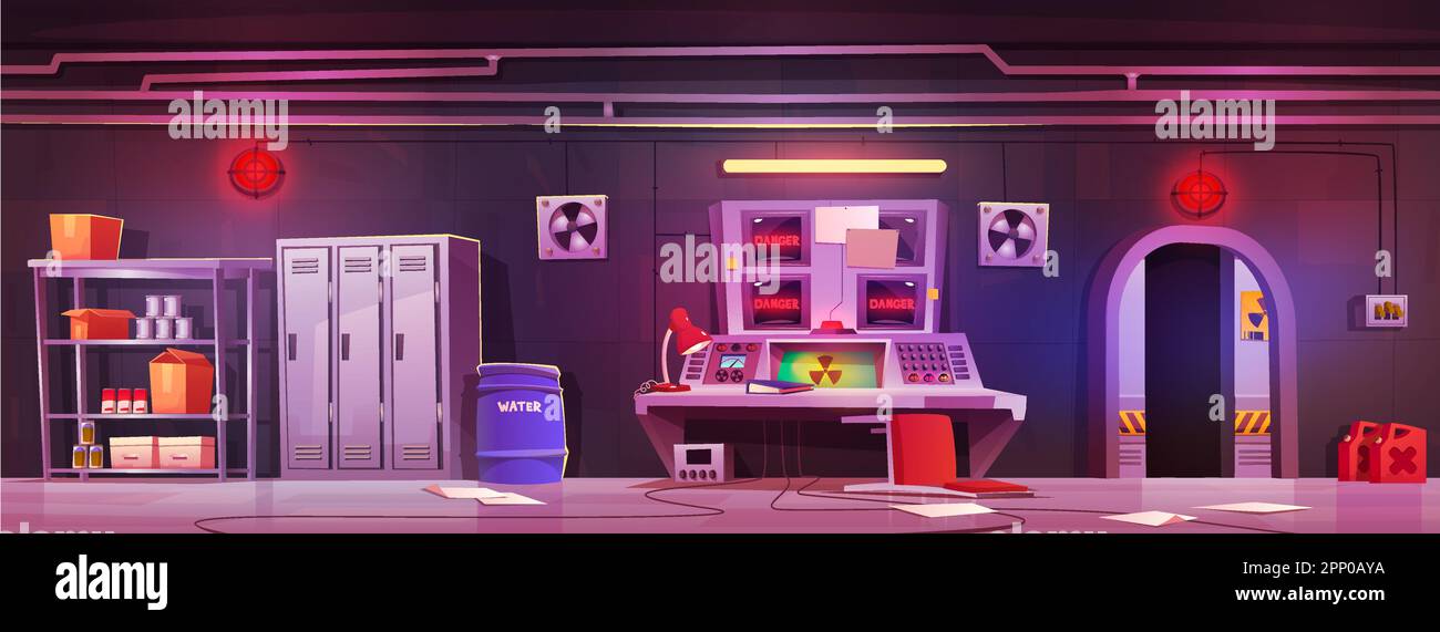 Cartoon bunker with radiation hazard warning. Vector illustration of secret lab with danger alarm signal on computer screen, papers on floor, food and Stock Vector