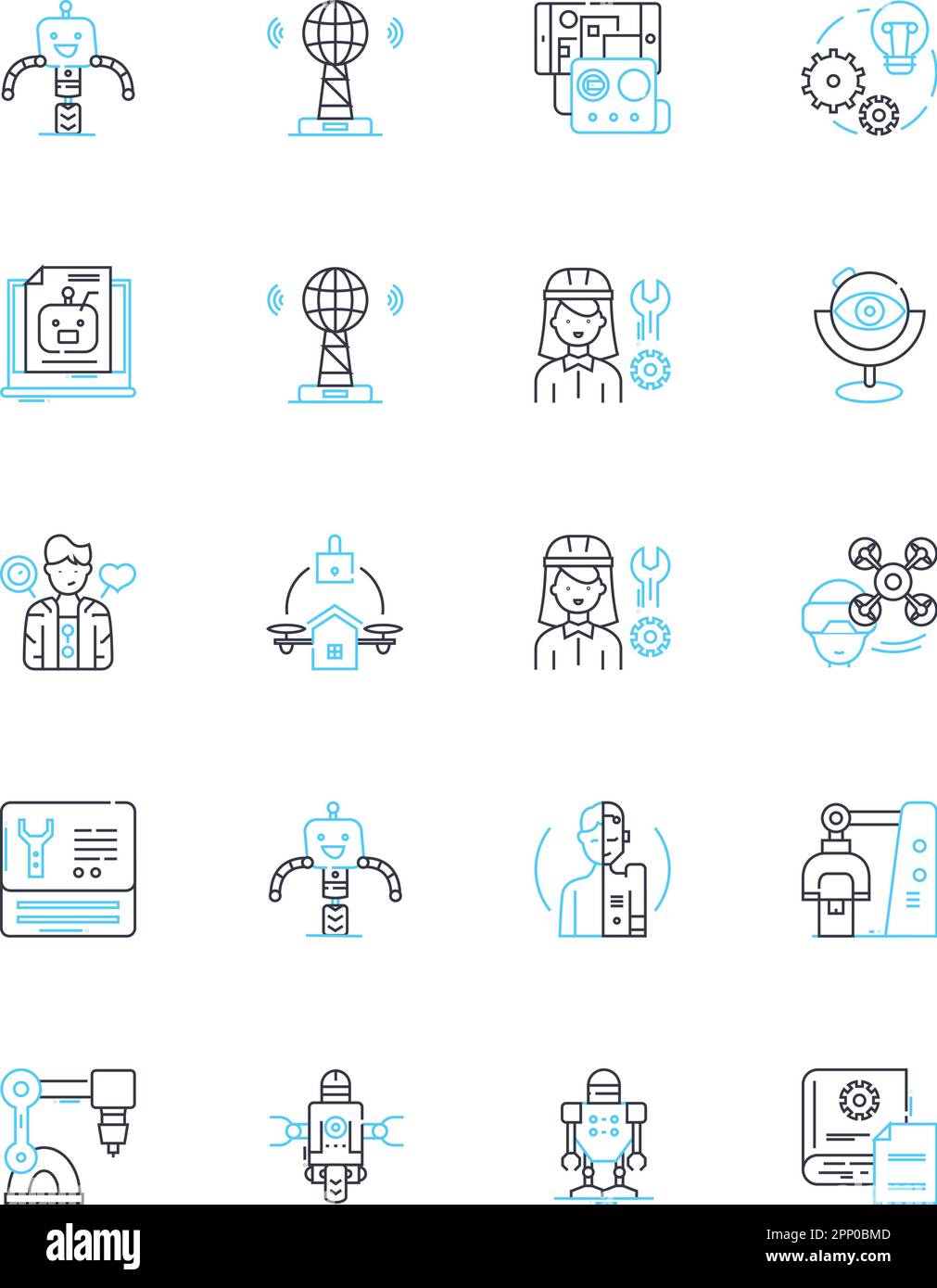 Unmanned aircraft linear icons set. Drs, Quadcopters, UAS, UAVs, Remotely Piloted Vehicles, Flying Robots, Helicopters line vector and concept signs Stock Vector
