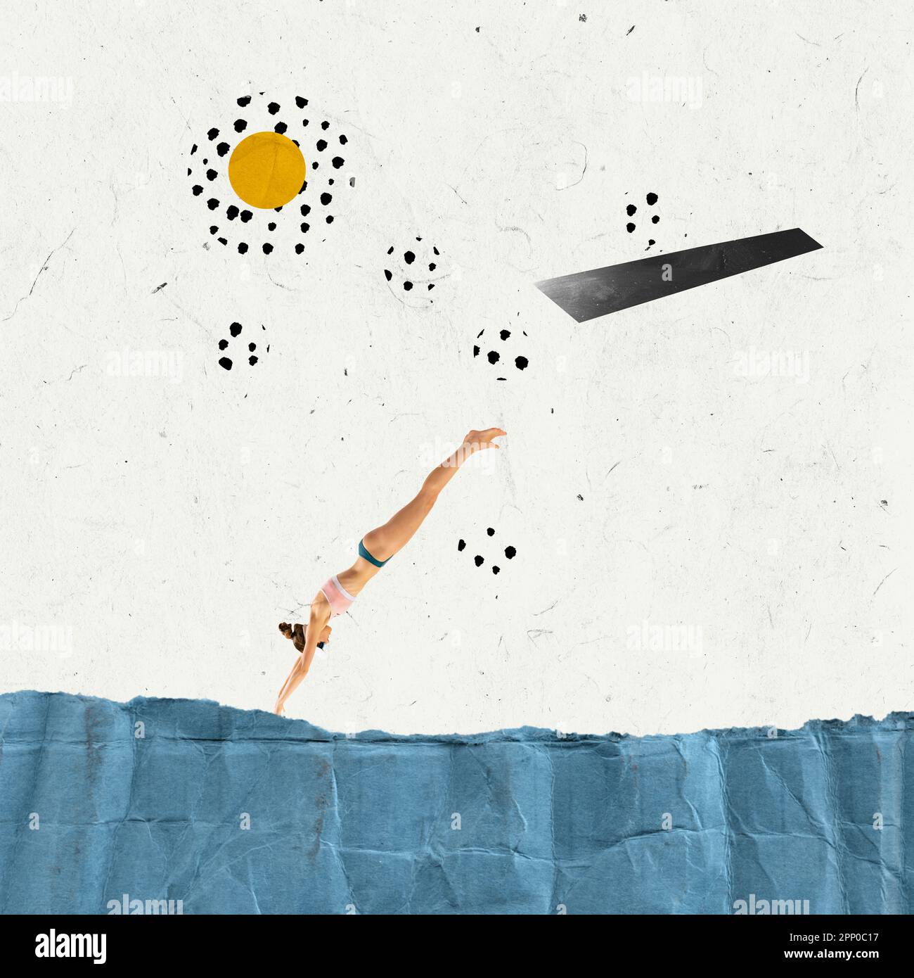 Sportive young woman in swimsuit diving into abstract water. Summertime ...