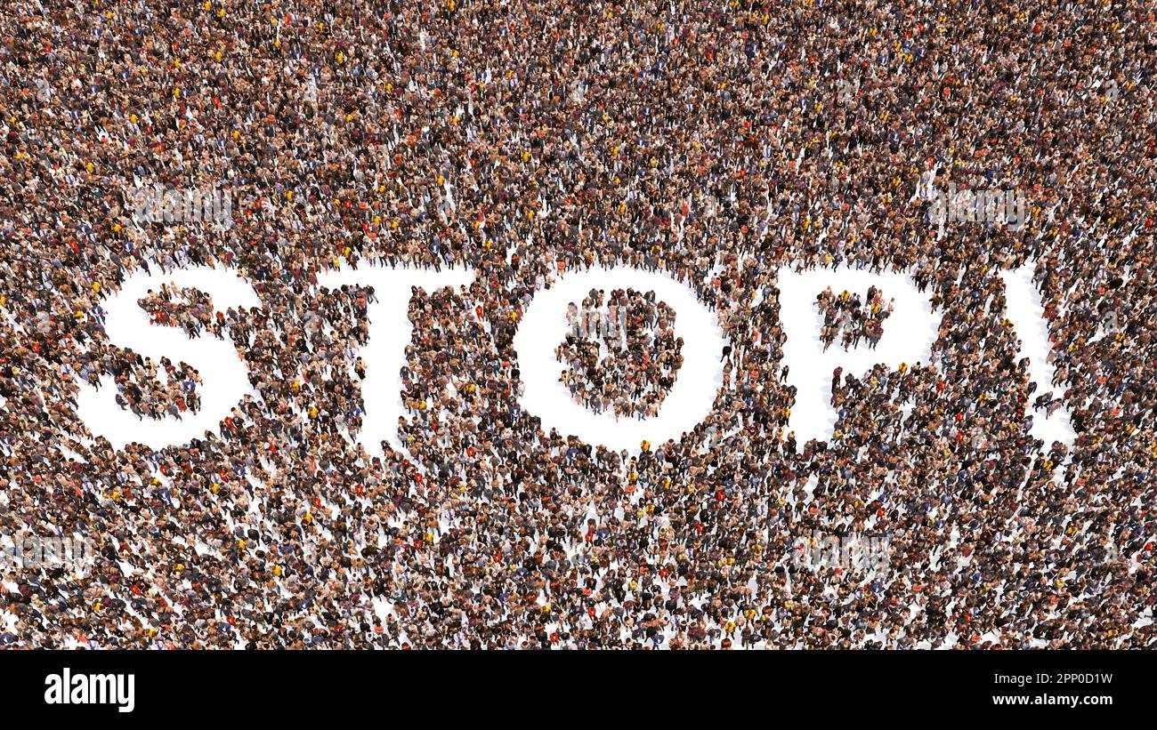 Concept or conceptual large community of people forming the word STOP ...