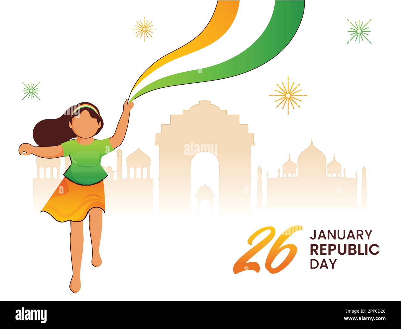 26th January Republic Day Font With Faceless Girl Carrying Tricolor Wavy Ribbon And Silhouette India Famous Monuments On White Background. Stock Vector