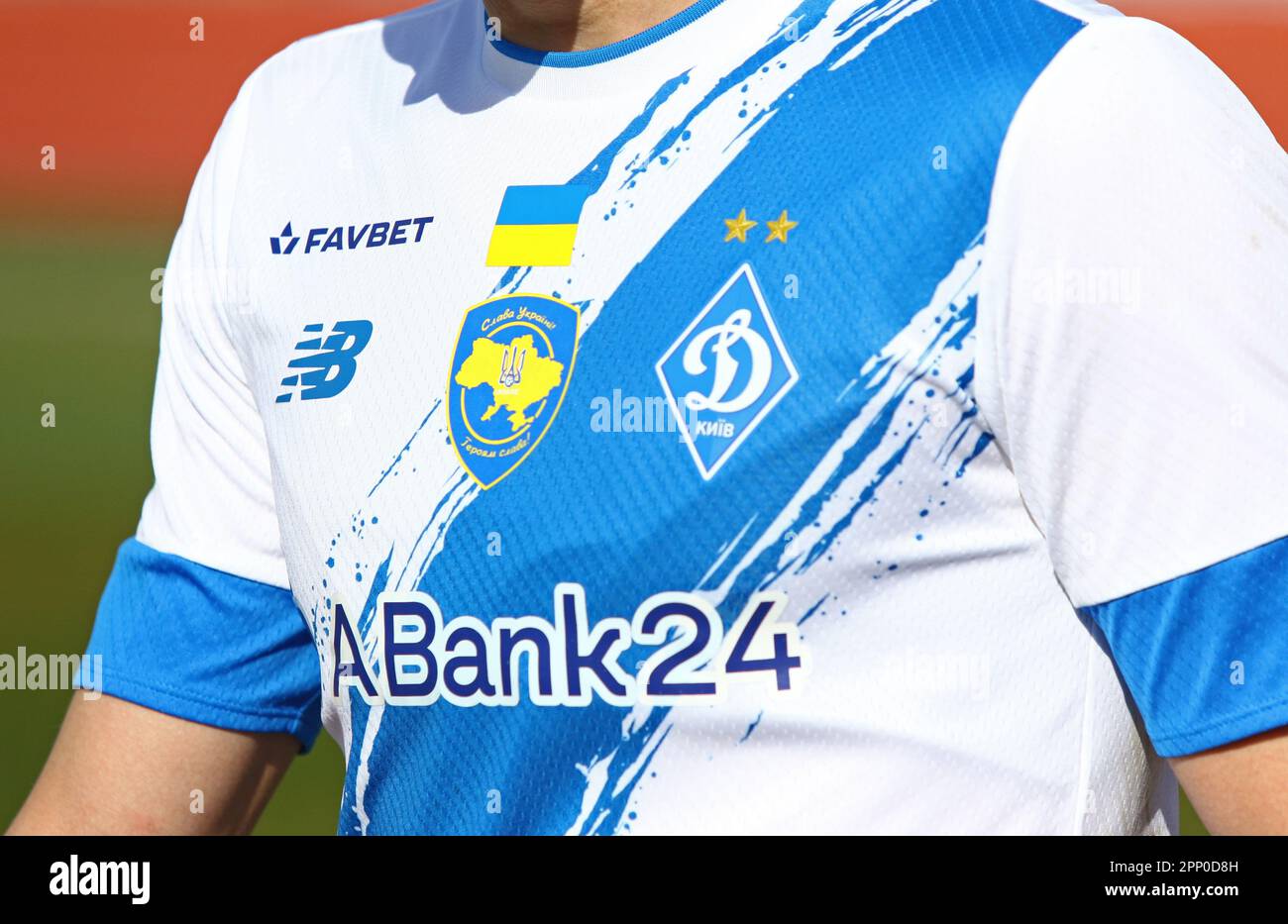 Uzhhorod, Ukraine - March 12, 2023: Close-up front side of Dynamo Kyiv player t-shirt (jersey) with team and sponsors logos seen during the VBET Ukrainian Premier League game SC Dnipro-1 v Dynamo Kyiv Stock Photo