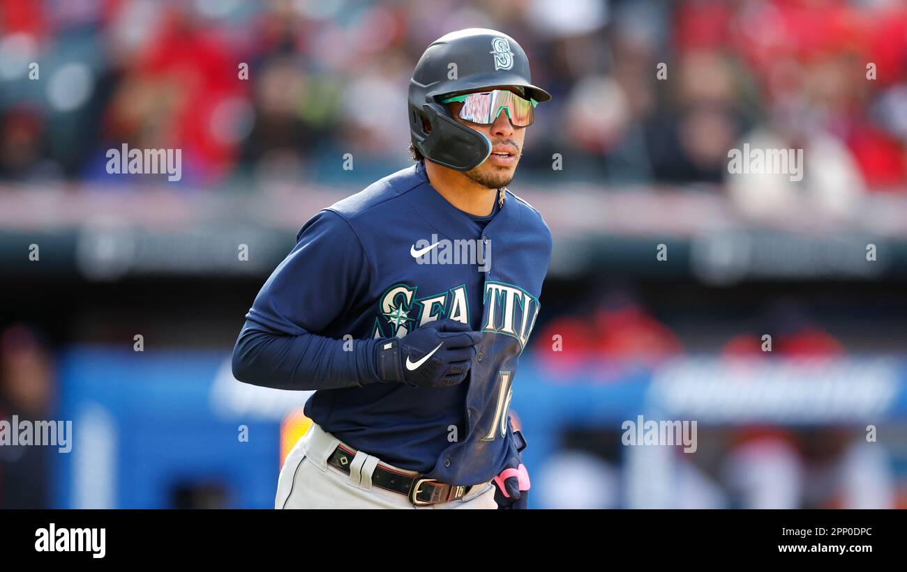 Seattle Mariners' Kolten Wong plays against the Cleveland Guardians