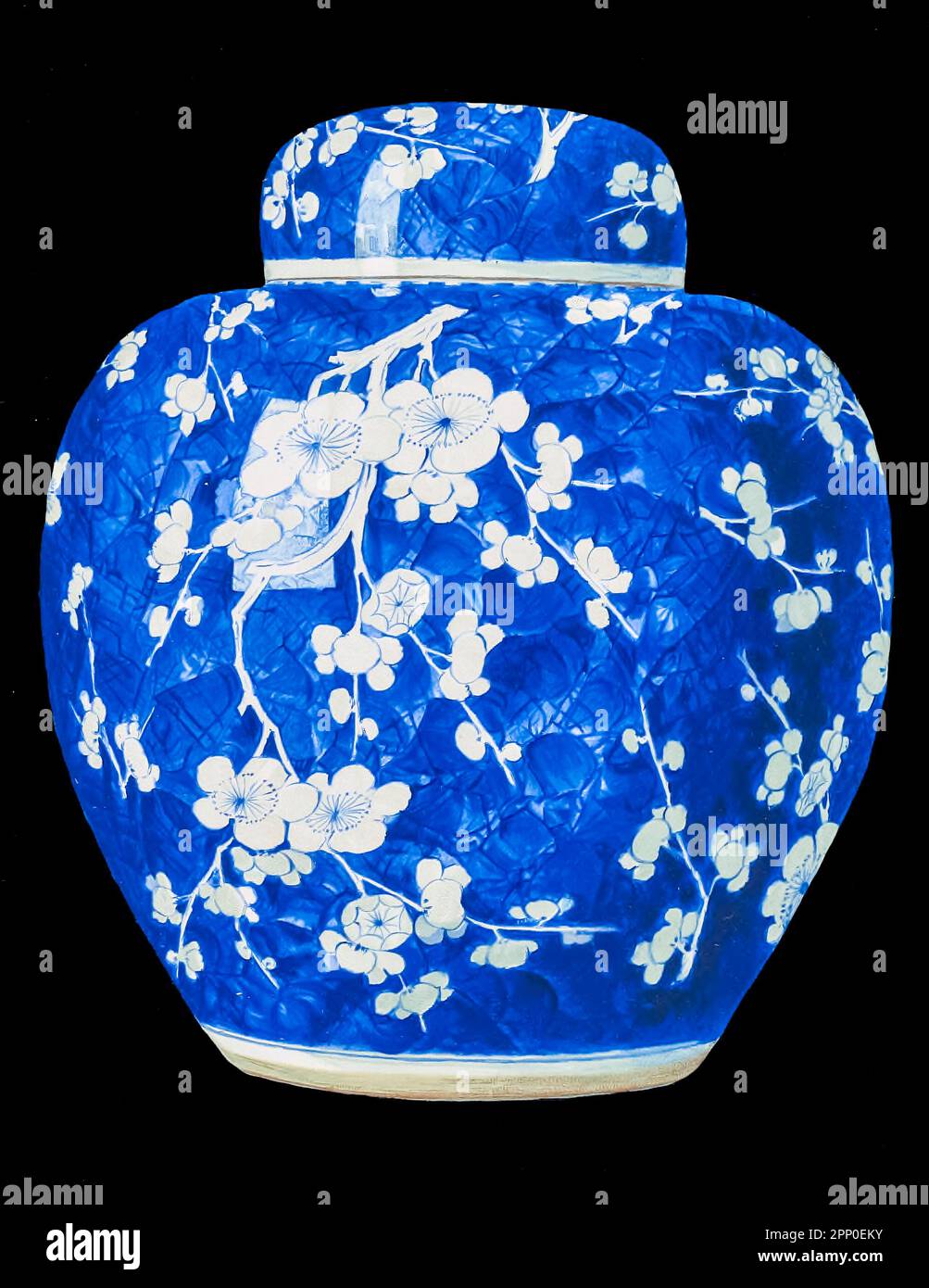 PLUM-BLOSSOM JAR. (Mei Hua Kuan) of globular form. With a bell-shaped cover, decorated in brilliant cobalt blue of the K'ang-hsi Period (A. D. 1662- 1722), with blossoming branches and twigs of the floral emblem of the New Year. From the book ' ORIENTAL CERAMIC ART COLLECTION OF William Thompson Walters ' Published in 1897 Stock Photo