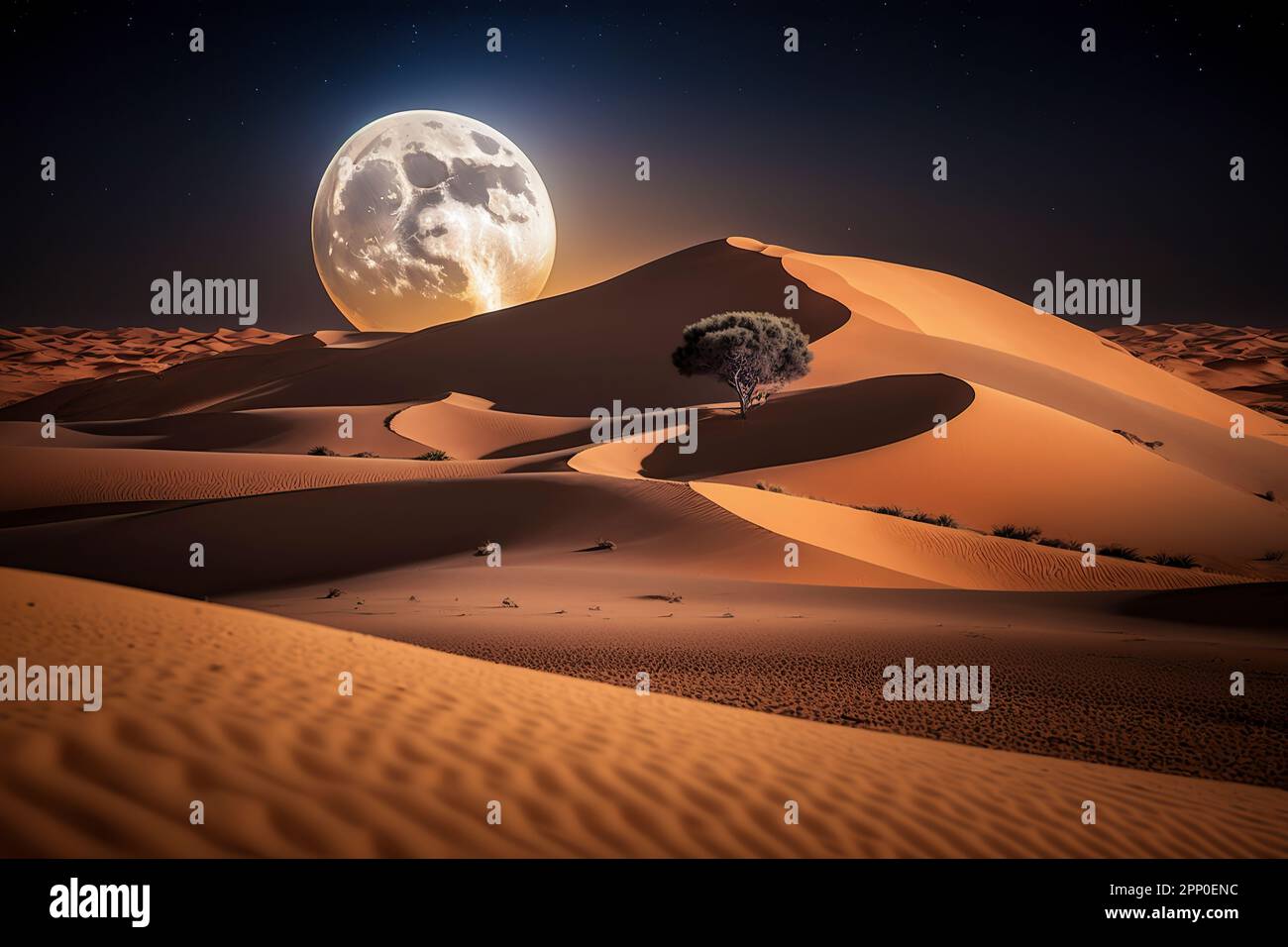 Under the Lunar Spell: Exploring the Mystical Beauty of Sahara by Night Stock Photo