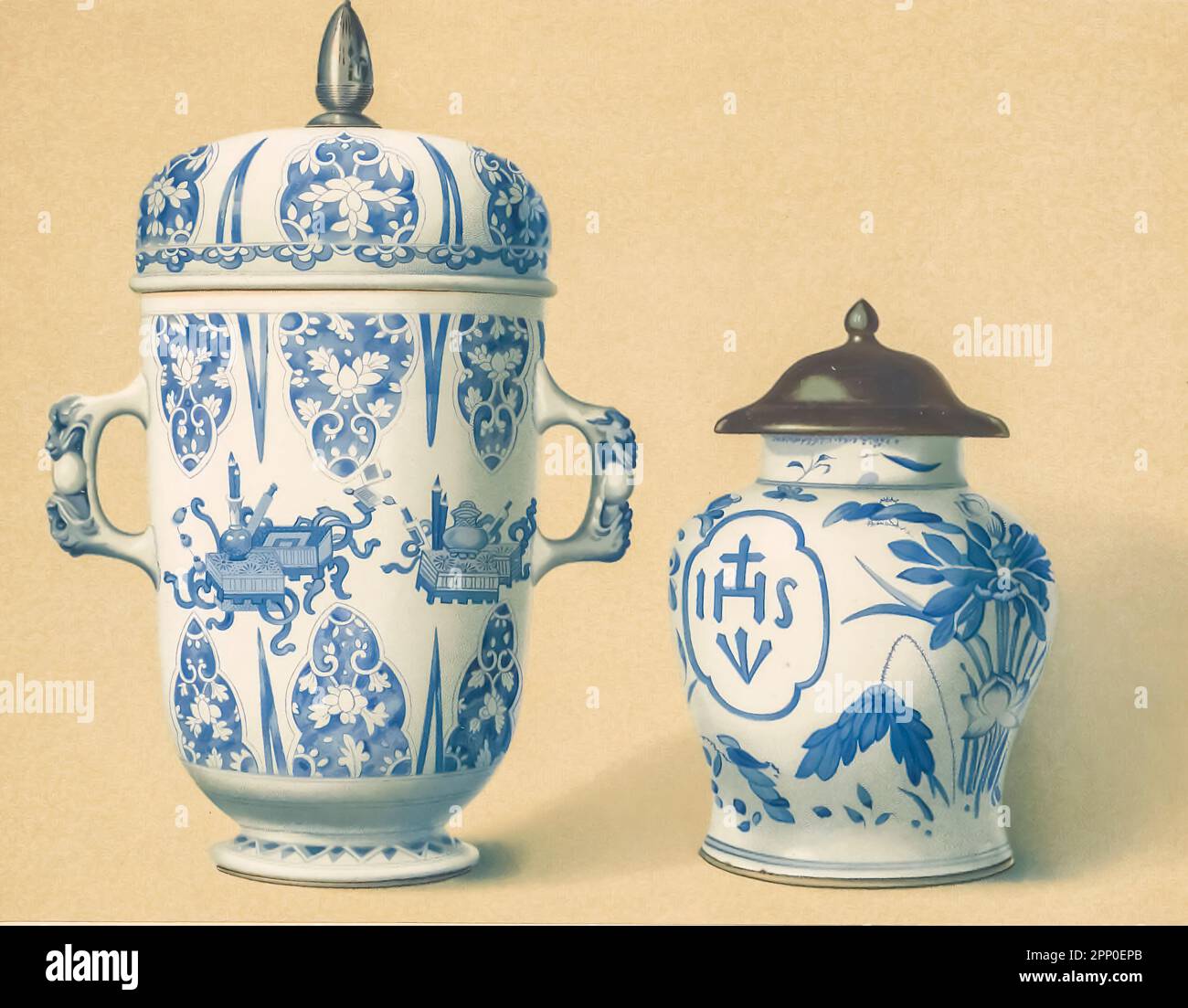 Two pieces of K'ang-Hsi Blue and White Tall Two-Handled Cup and Cover (Kai Wan) and Small Jar (Hsiao Kuan) painted in bright blue in the early K'ang-hsi style (1662-1722) From the book ' ORIENTAL CERAMIC ART COLLECTION OF William Thompson Walters ' Published in 1897 Stock Photo
