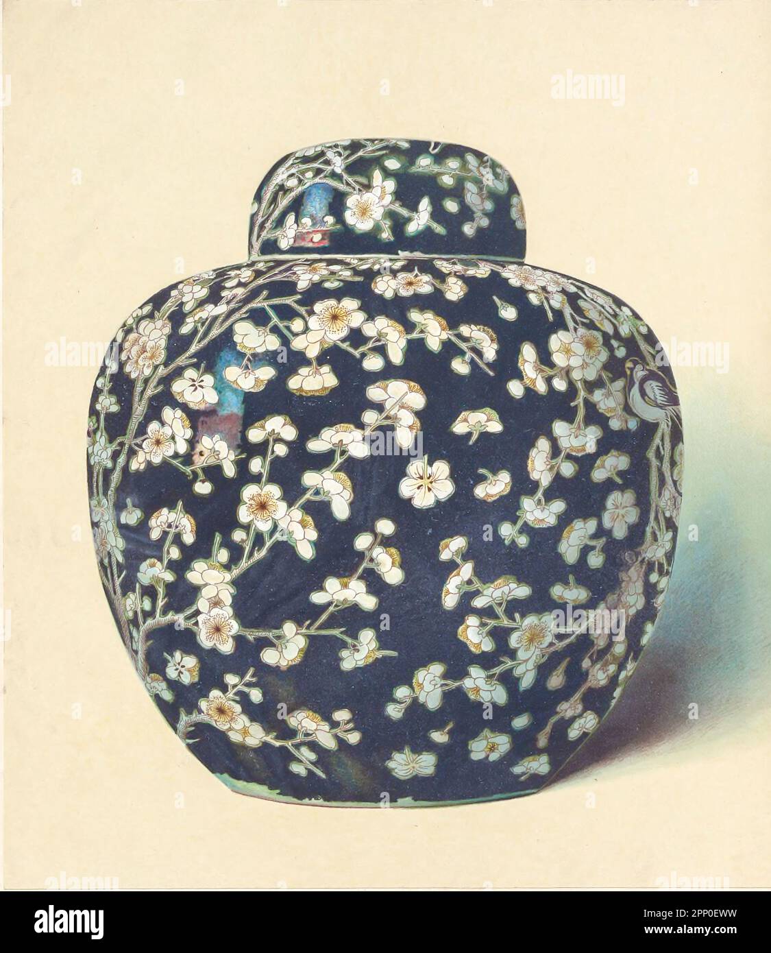 BLACK ' HAWTHORN ' JAR. PLUM-BLOSSOM JAR (Mei Hua Kuan) 10.5 inches high, of globular outline, with rounded cover, decorated with an interlacement of floral sprays, springing upward from a rockery on one side, and downward from the rim From the book ' ORIENTAL CERAMIC ART COLLECTION OF William Thompson Walters ' Published in 1897 Stock Photo