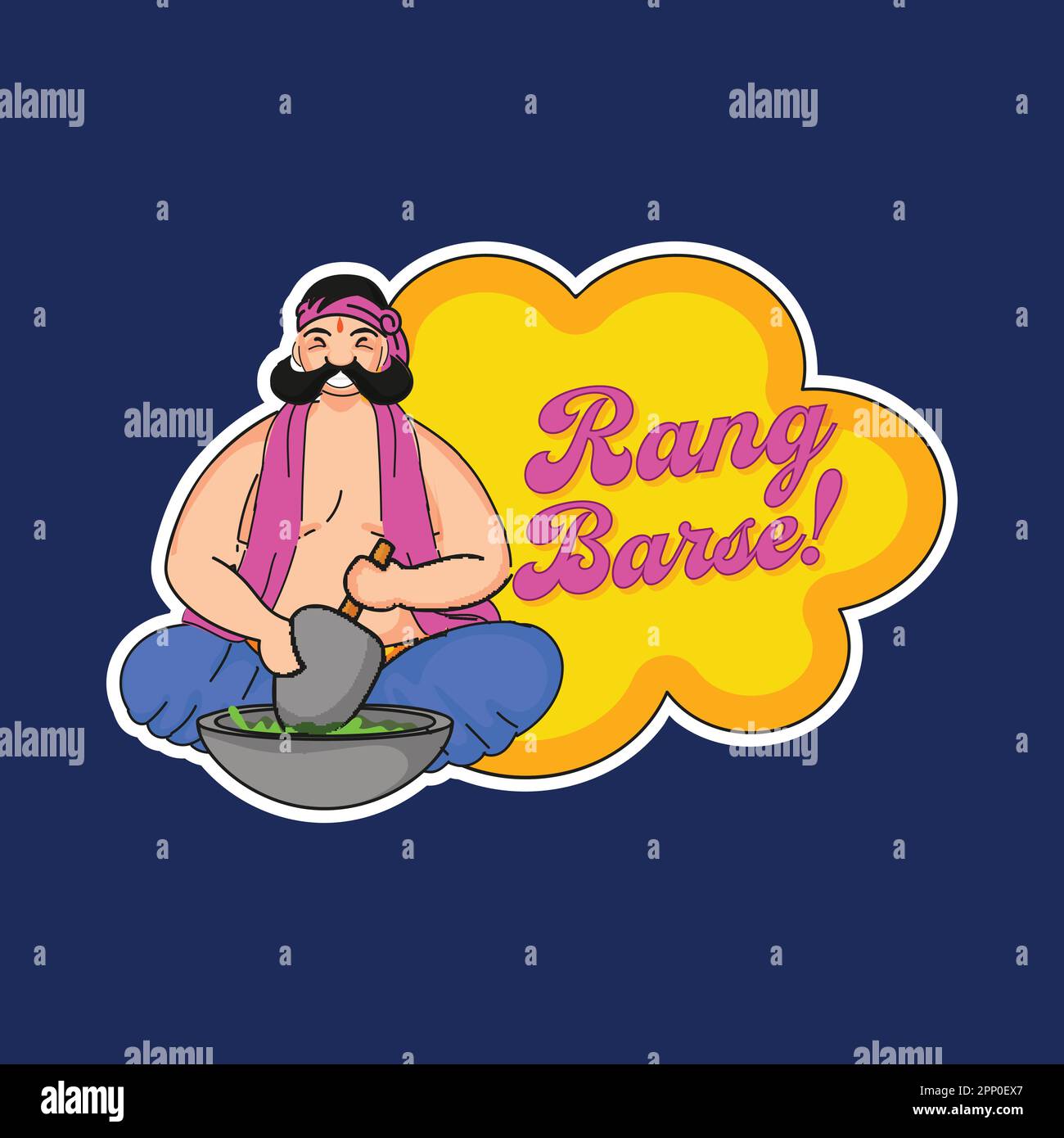 Sticker Style RANG BARSE! Font With Mustache Man Grinding Weed Or Hemp On Chrome Yellow And Blue Background. Stock Vector