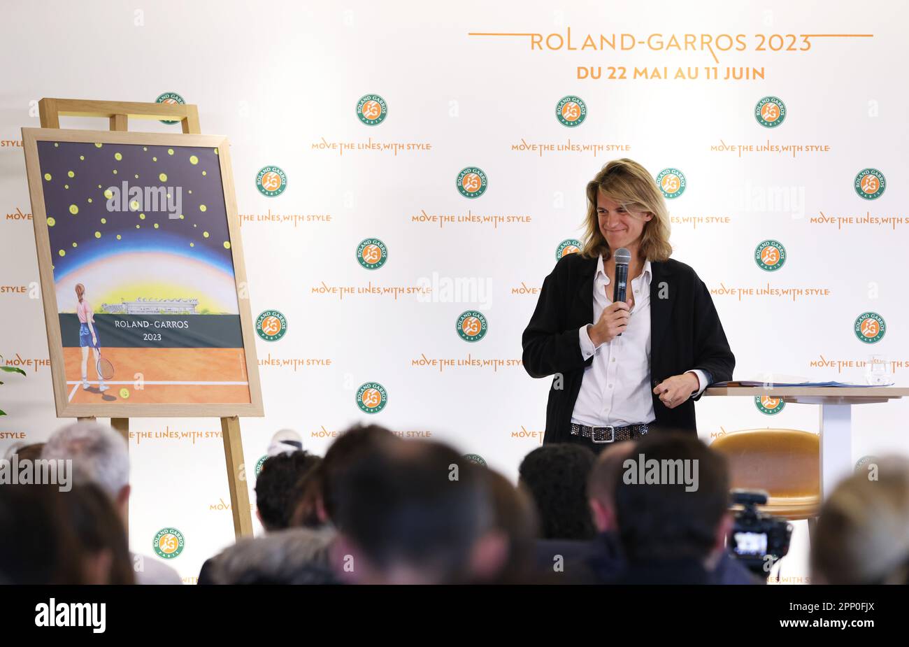 Paris, France. 21st Apr, 2023. Roland-Garros Open tennis tournament's director Amelie Mauresmo addresses a press conference presenting the 2023 edition of the Roland Garros Grand Slam tennis tournament at the Roland Garros stadium, western Paris, France, April 21, 2023. Credit: Gao Jing/Xinhua/Alamy Live News Stock Photo