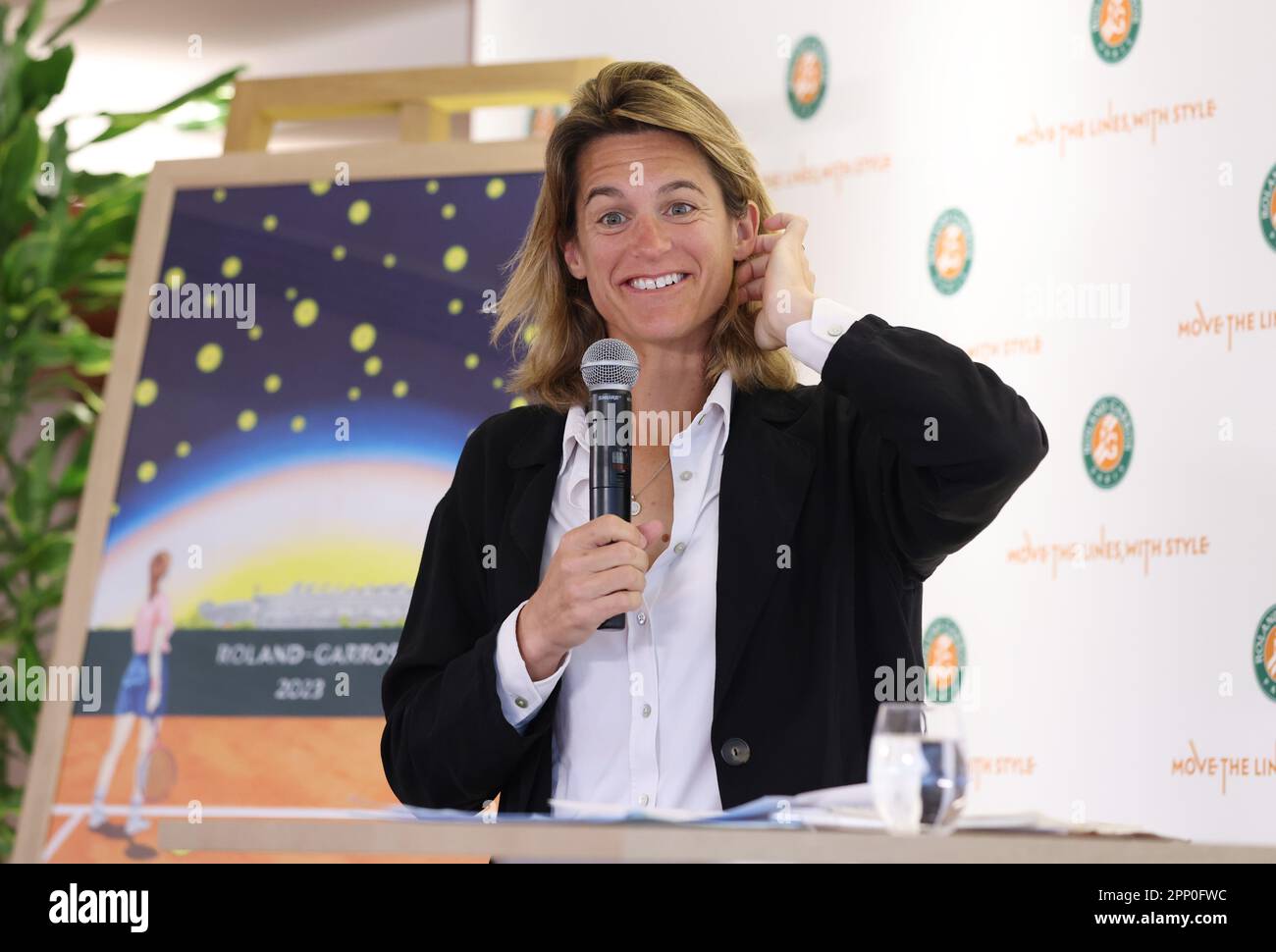 Paris, France. 21st Apr, 2023. Roland-Garros Open tennis tournament's director Amelie Mauresmo addresses a press conference presenting the 2023 edition of the Roland Garros Grand Slam tennis tournament at the Roland Garros stadium, western Paris, France, April 21, 2023. Credit: Gao Jing/Xinhua/Alamy Live News Stock Photo
