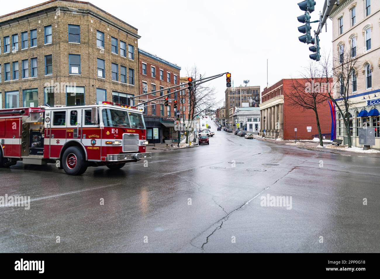 Bangor, ME - USA - January 10, 2016: Tview of the Main Street. example of Art Deco architecture.in Bangor, Maine, USA Stock Photo