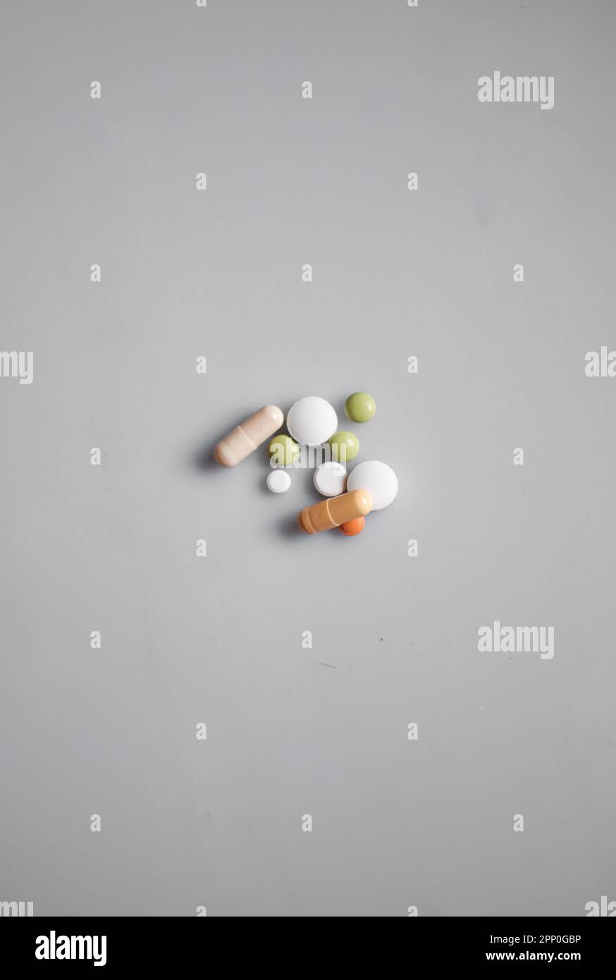 View on colourful pills on the white background Stock Photo