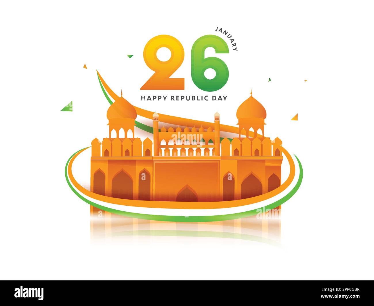 26 January Happy Republic Day Font With Red Fort Monument And Tricolor Ribbon Against White Background. Stock Vector