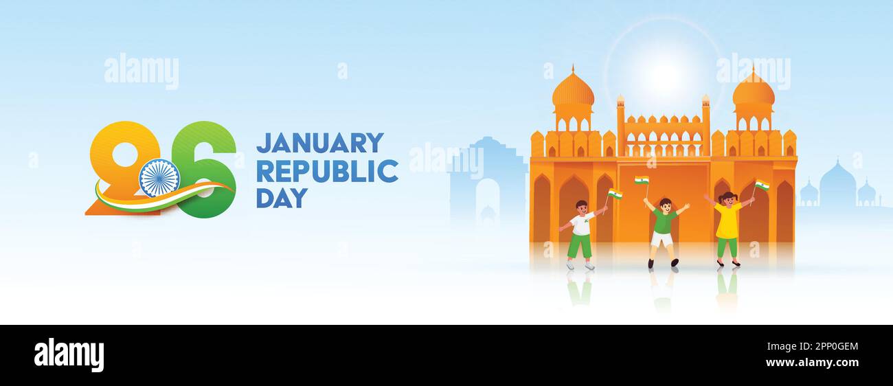 26th January, Republic Day Font With Cheerful Kids Holding National Flags, India Famous Monuments On Blue And White Background. Stock Vector