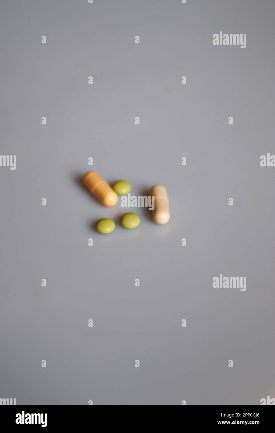View of pills on the white background Stock Photo
