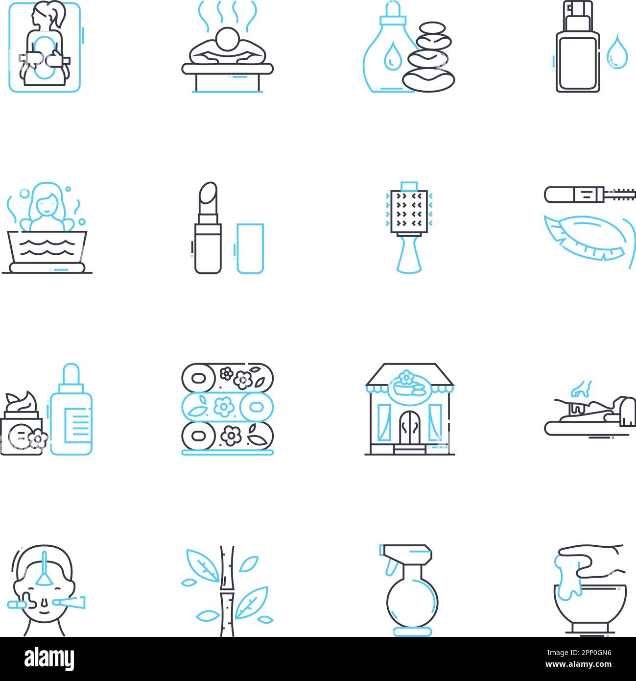 Massage center linear icons set. Relaxation, Rejuvenation, Therapy, Serenity, Bliss, Tranquility, Wellness line vector and concept signs. Healing,Calm Stock Vector