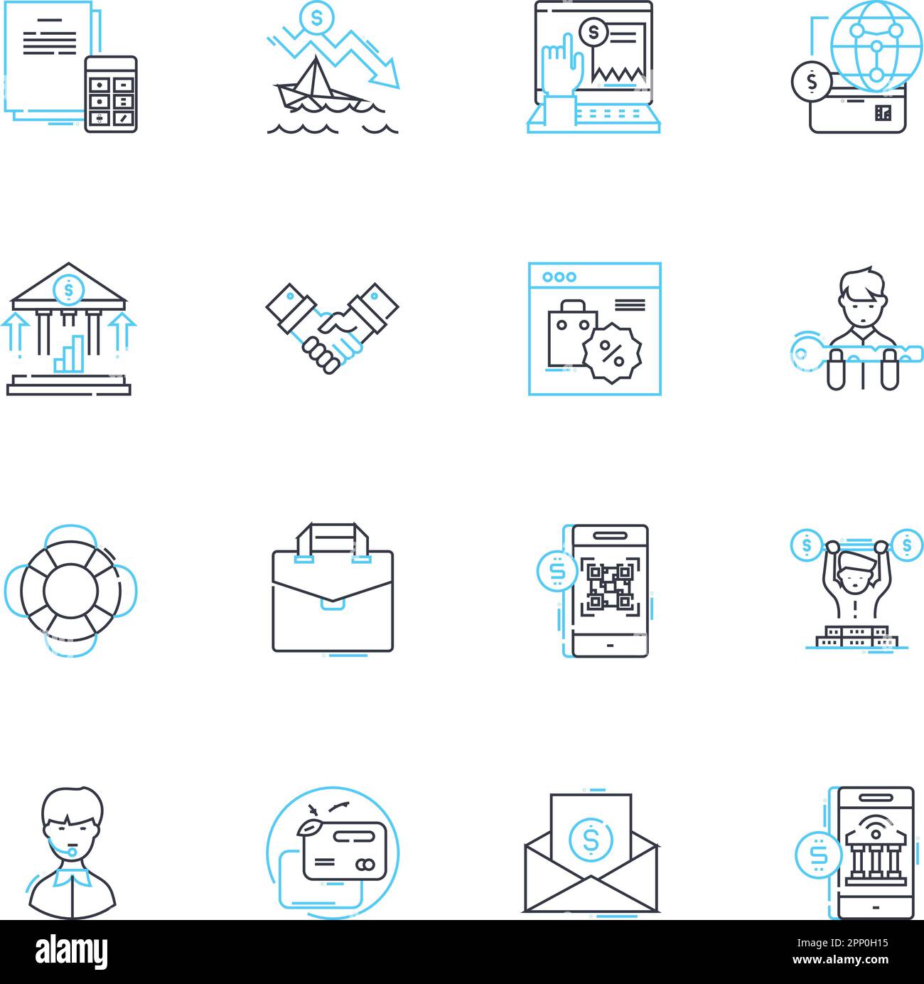 Peer-to-peer lending linear icons set. Lending, Peer, Finance, Investment, Borrower, Loan, Interest line vector and concept signs. Collateral,Credit Stock Vector