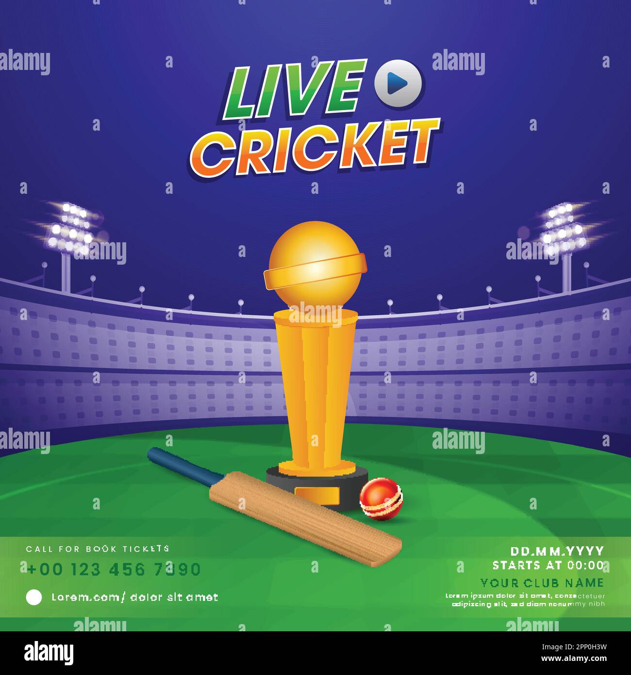 Live Cricket Match Poster Design With 3D Winning Trophy Cup, Bat, Ball Against Blue And Green Stadium Background. Stock Vector