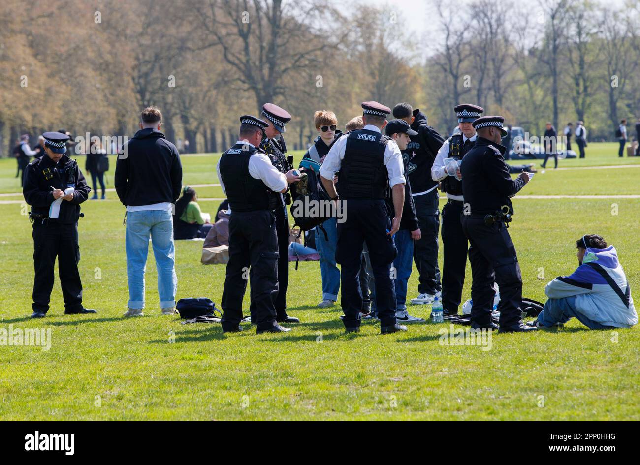 People in Hyde Park at the biggest weed festival in the world. 420 Hyde Park is a chance to celebrate cannabis in an open and relaxed atmosphere. Stock Photo