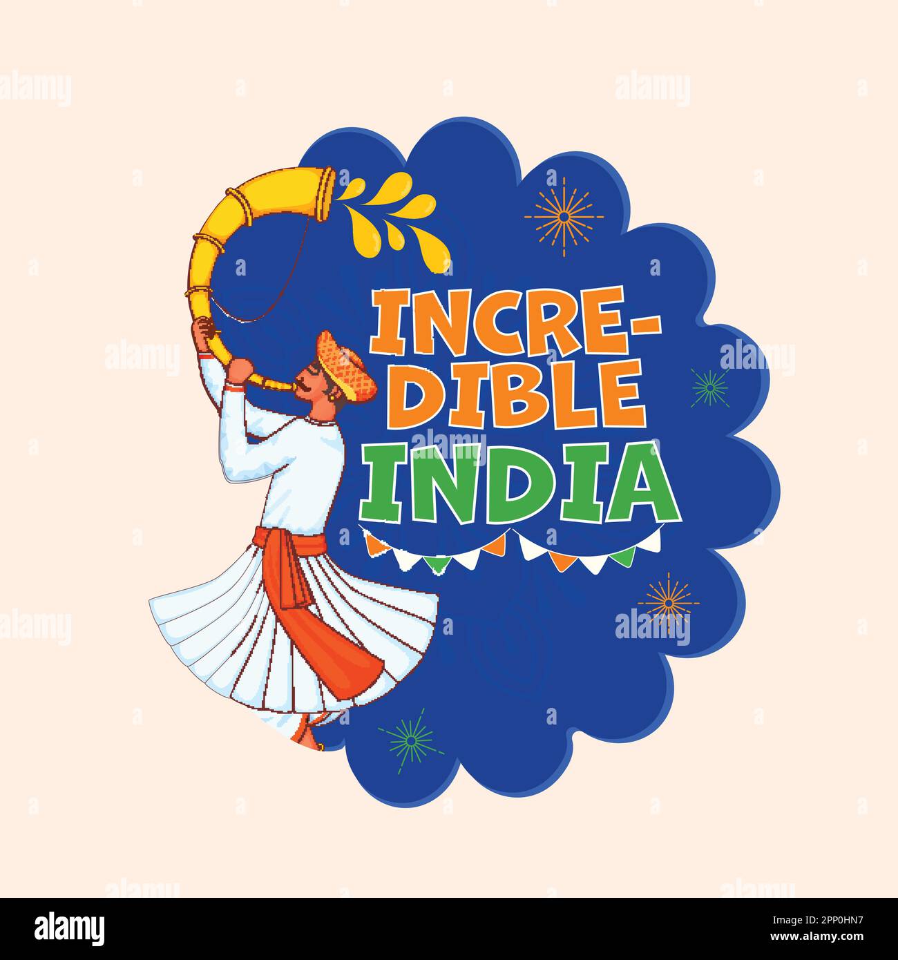 Incredible India Font With Bunting Flags, Man Blowing Tutari Horn In
