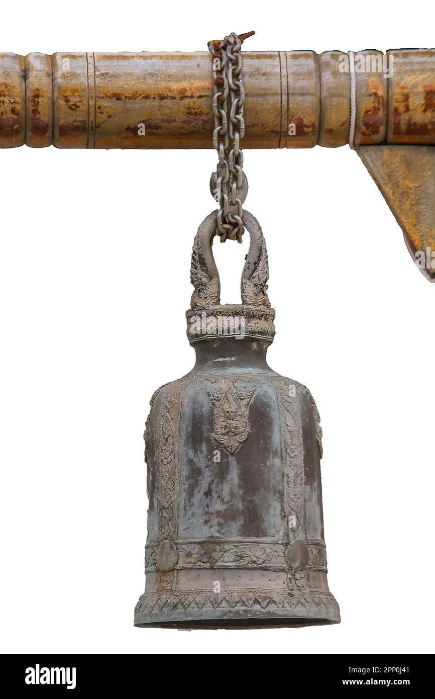 Big brass bells are commonly hung in Thai temples. Stock Photo