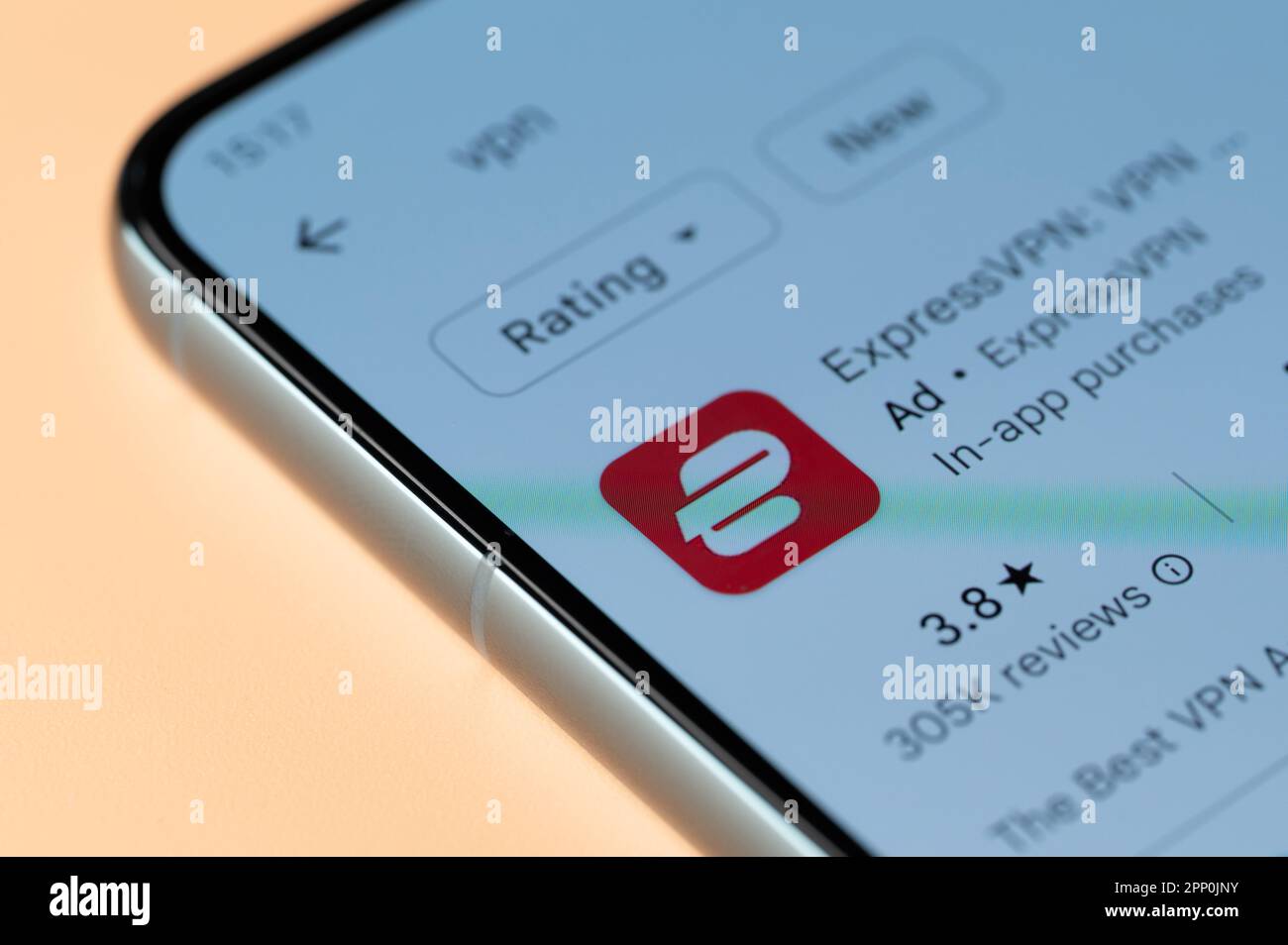 New york, USA - April 18, 2023: ExpressVPN icon in google store on smartphone screen close up view Stock Photo