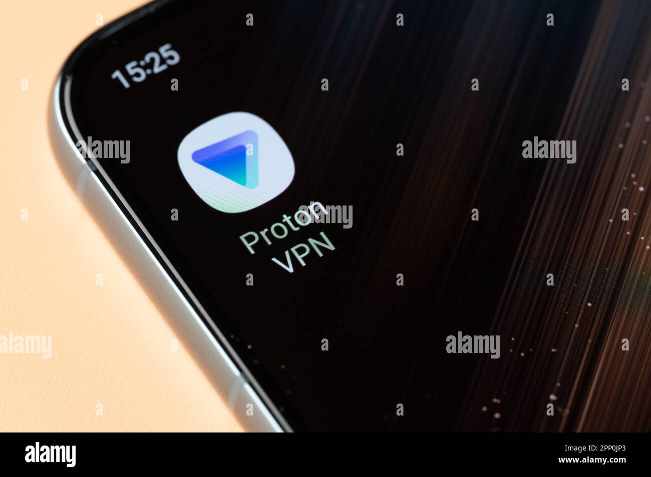 New york, USA - April 18, 2023:Proton VPN app on smartphone screen close up view Stock Photo