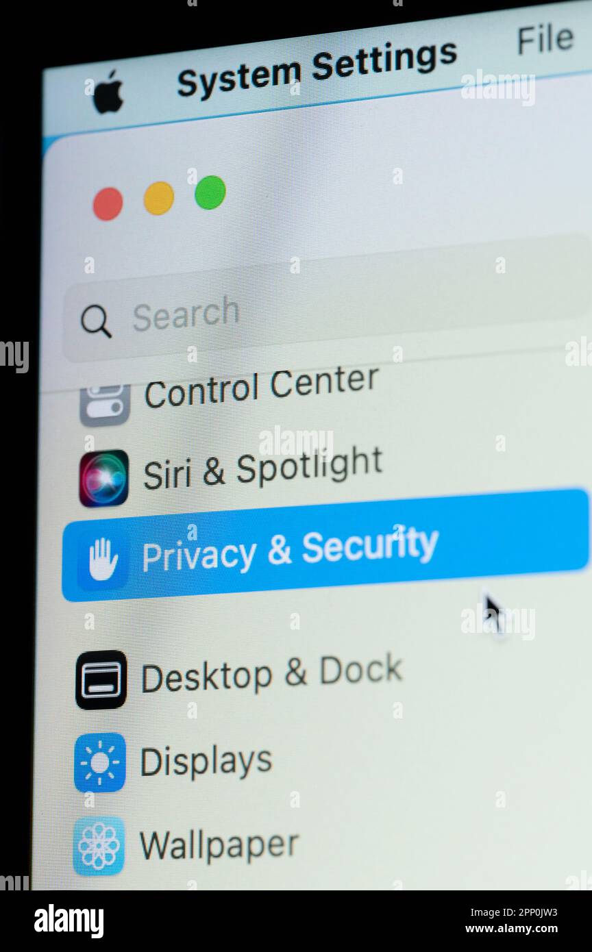 New york, USA - April 20, 2023: Changing Privacy and security settings in macOs on laptop screen close up view Stock Photo