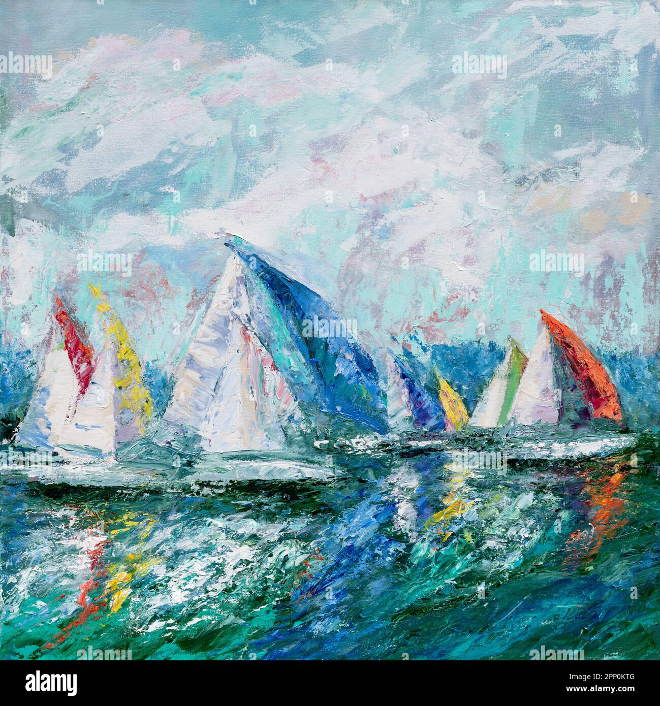 Colorful oil painting on canvas depicting sailing boats over water
