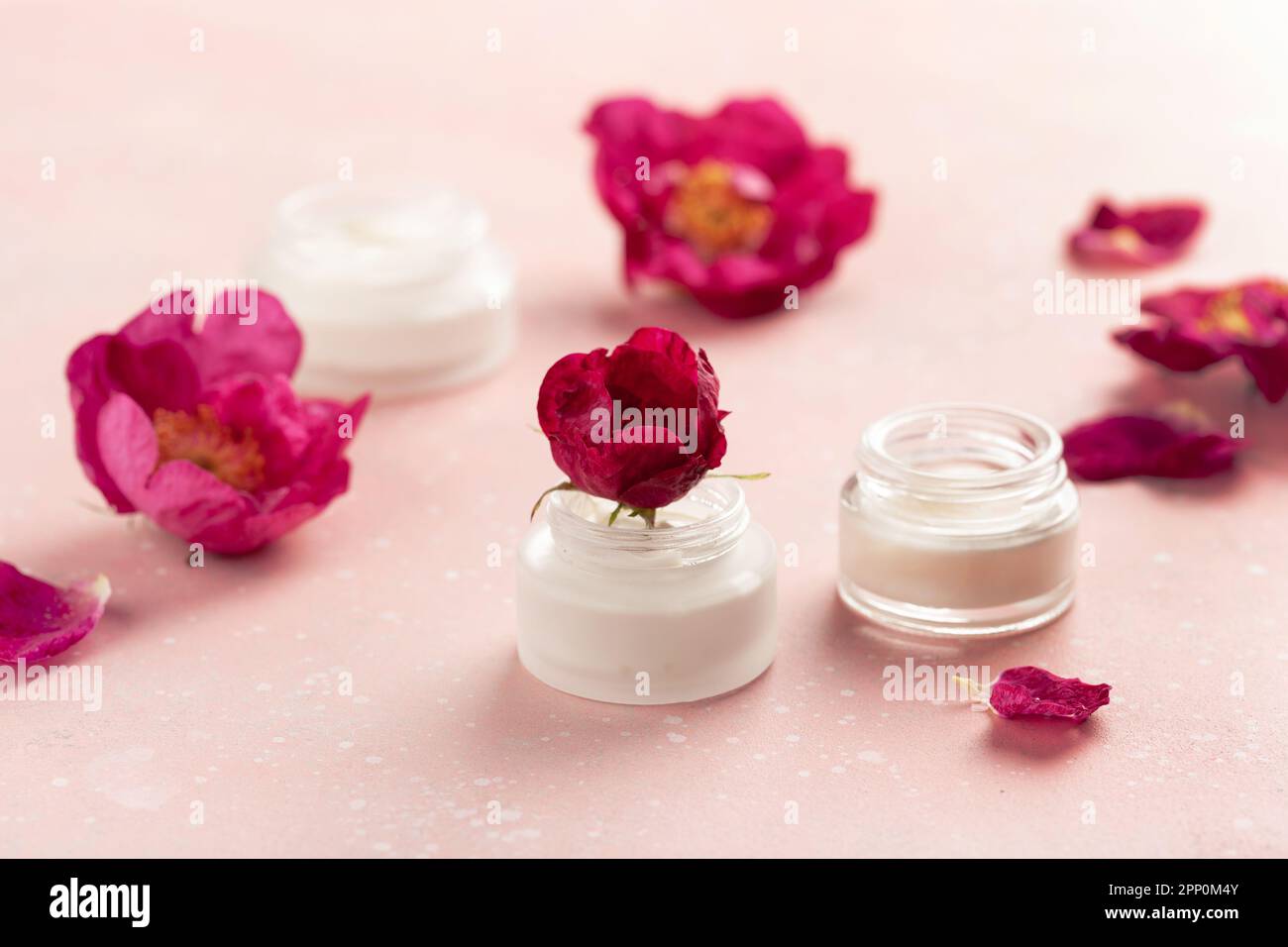 skincare products and dog rose flowers. natural cosmetics for home spa treatment Stock Photo