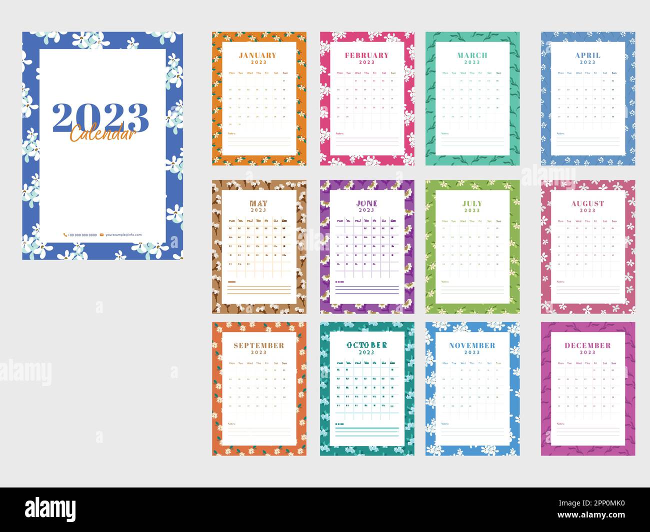 12 Month, 2023 Calendar Template Layout With Floral Border For Publishing. Stock Vector