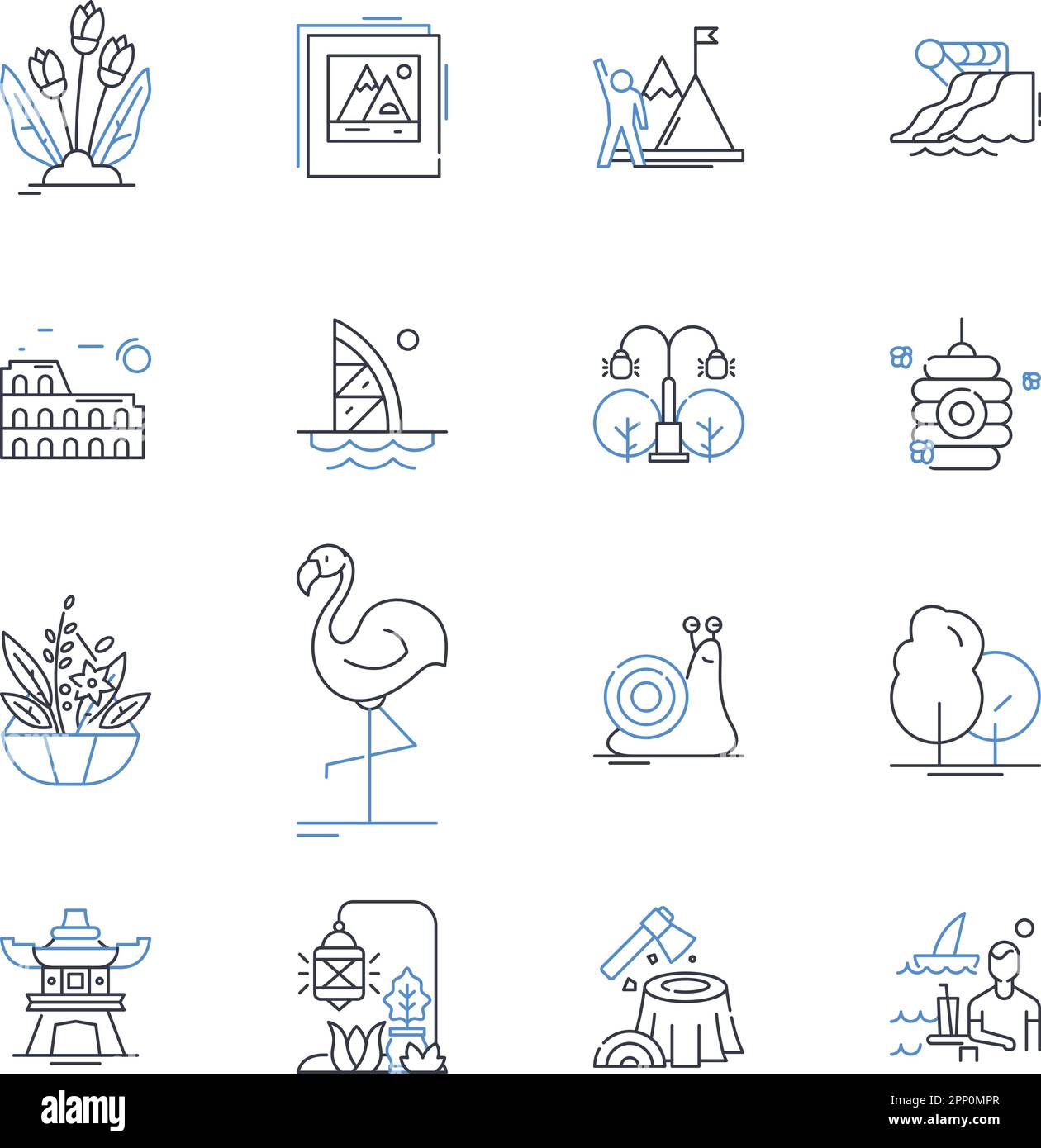 Alpine summits line icons collection. Peaks, Summit, Altitude, Mountain, Climb, Trail, Panorama vector and linear illustration. Scenic,Beauty Stock Vector