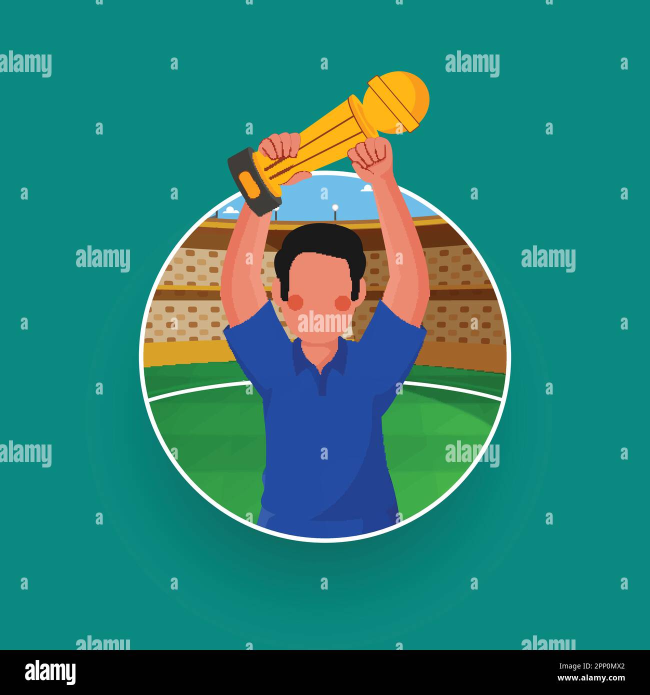 Faceless Winner Cricket Player Holding Trophy Cup On Stadium Green