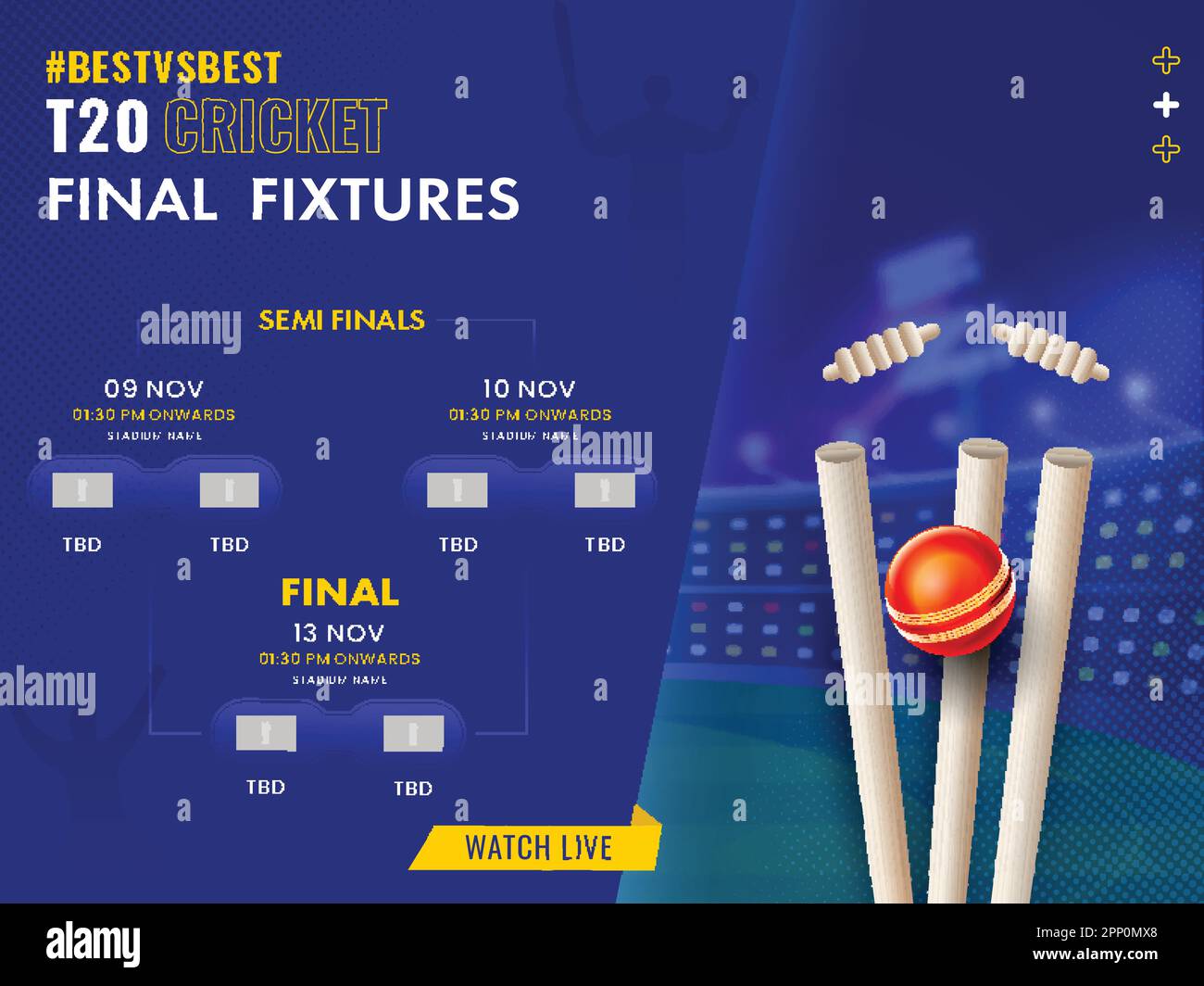 T20 Cricket Final Fixtures Schedule With Realistic Red Ball Hitting Wicket Stump On Blue Stadium