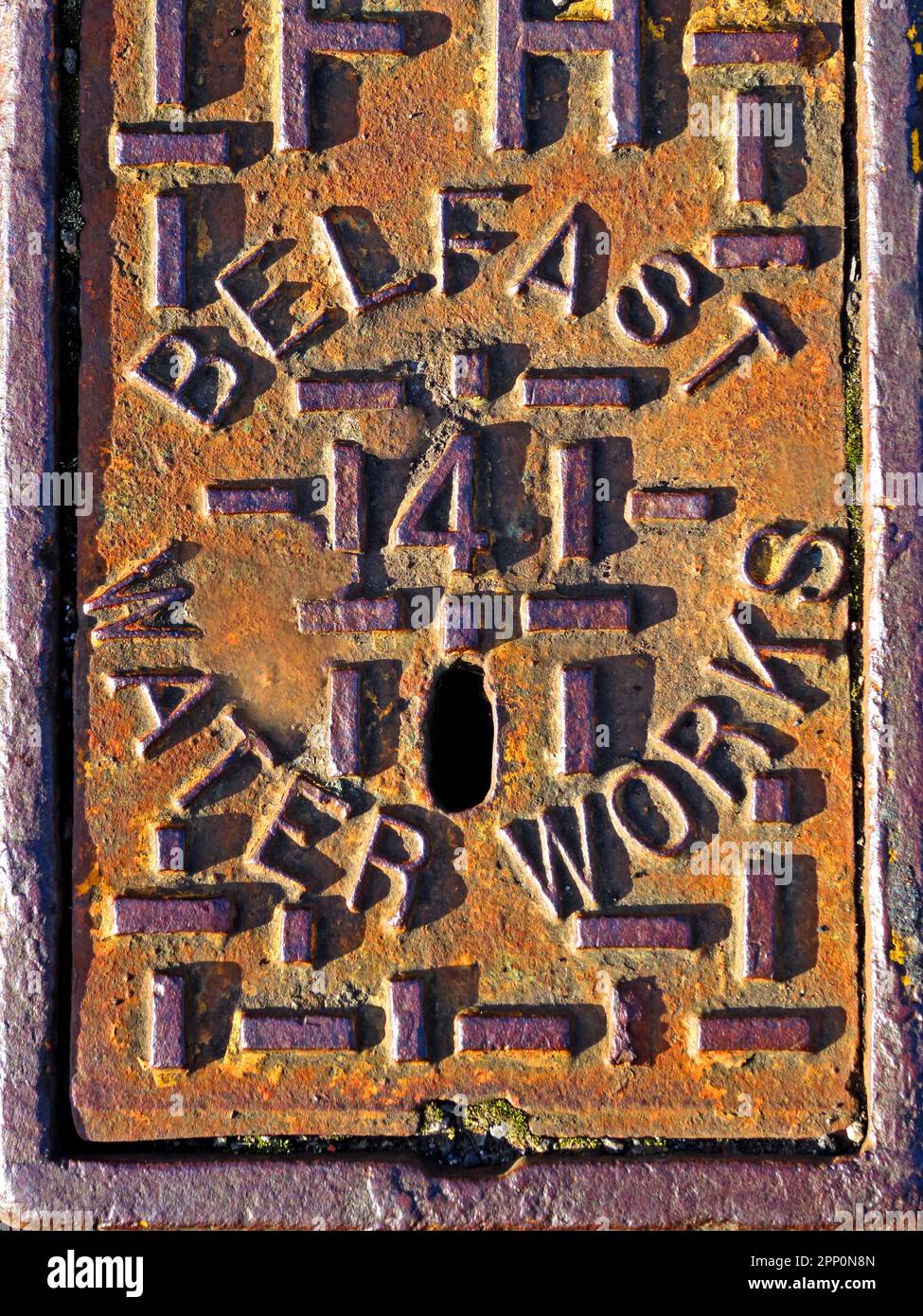 Belfast water works, cast iron embossed rusty grids, Belfast, Northern Ireland, UK, BT1 Stock Photo
