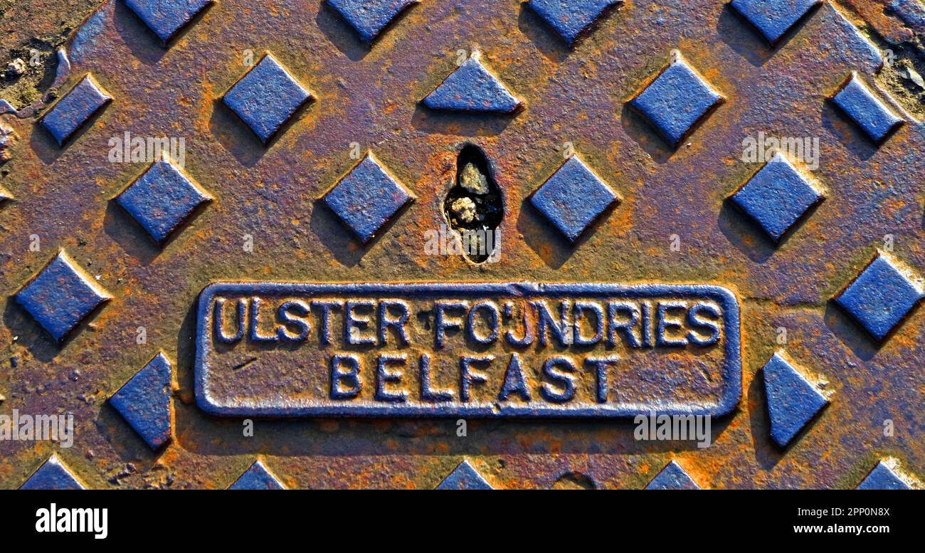 Ulster Foundaries, Belfast cast iron embossed rusty grids, Belfast, Northern Ireland, UK, BT1 Stock Photo