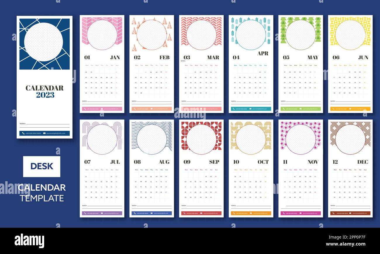Complete Set Of 12 Month, 2023 Desk Calendar Template Design With Empty