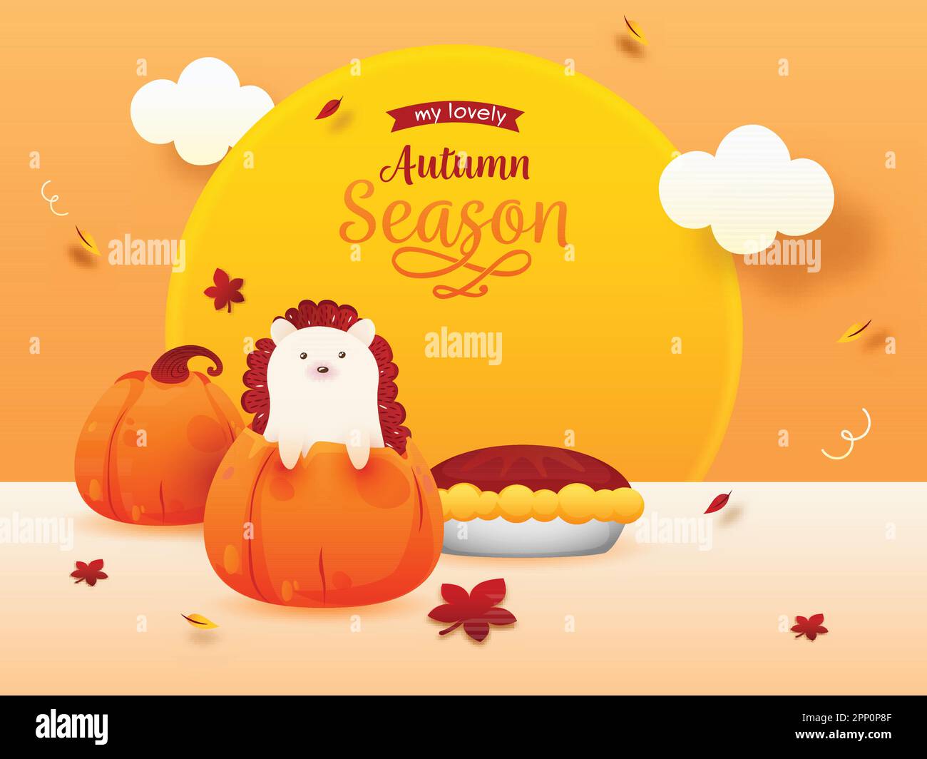 Autumn Season Poster Design With Cartoon Hedgehog, Pumpkins, Pie Cake