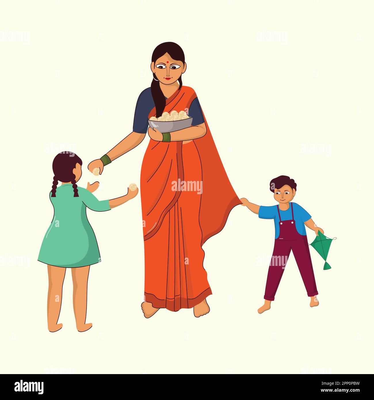 Indian Woman Giving Ladoo (Sweet) To Kids On Pastel Yellow Background