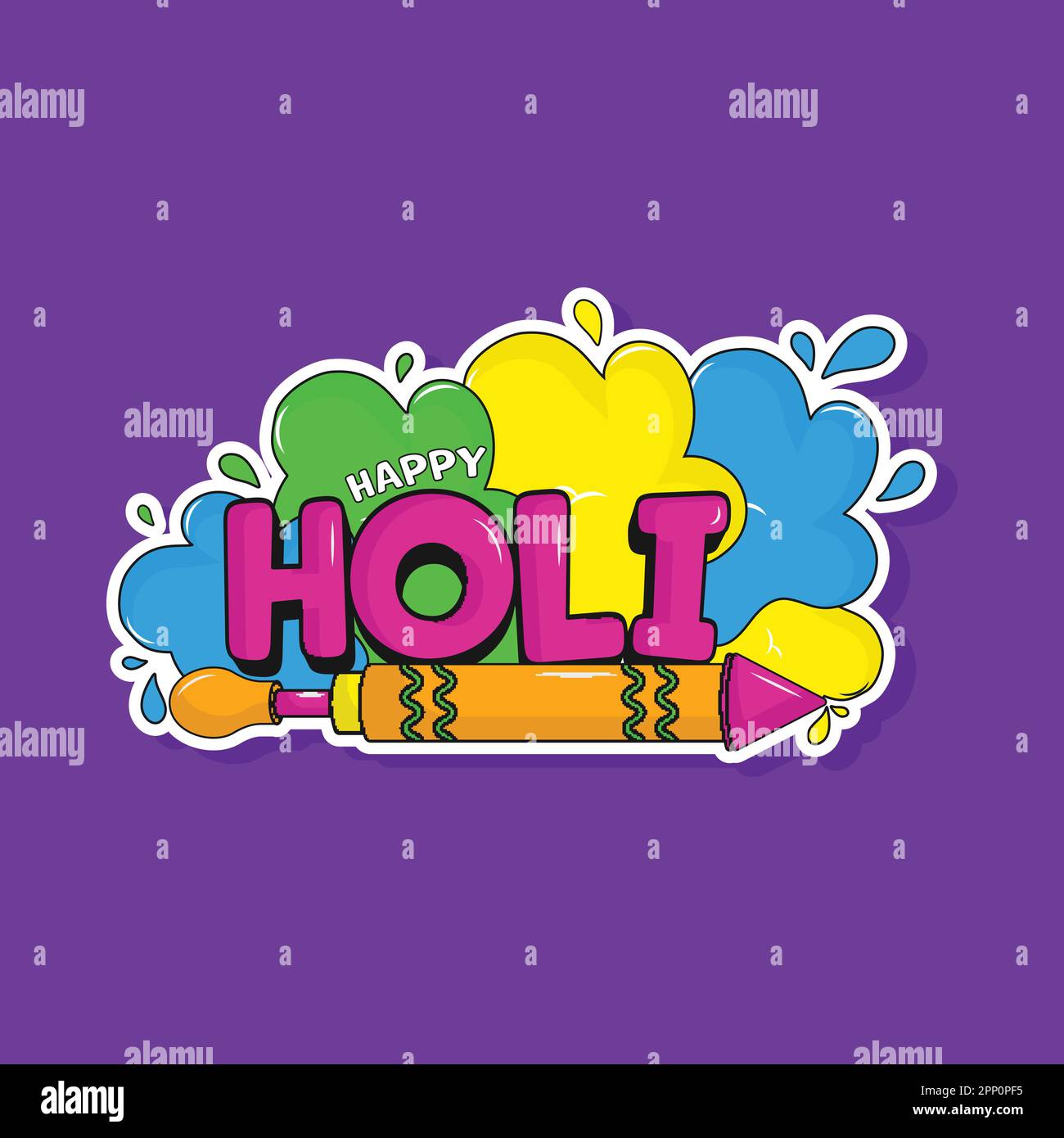 Happy Holi Text With Water Gun (Pichkari) In Sticker Style On Purple