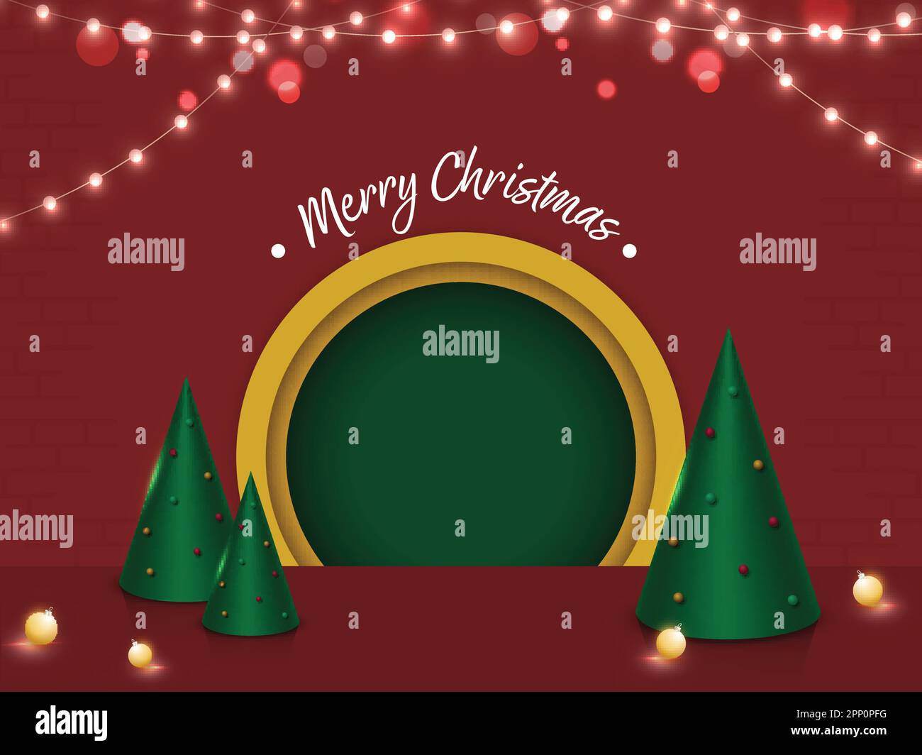 Merry Christmas Poster Design With 3D Render Cone Shaped Xmas Tree, Baubles, Lighting Garland Decorated Red Background And Empty Circular Frame. Stock Vector