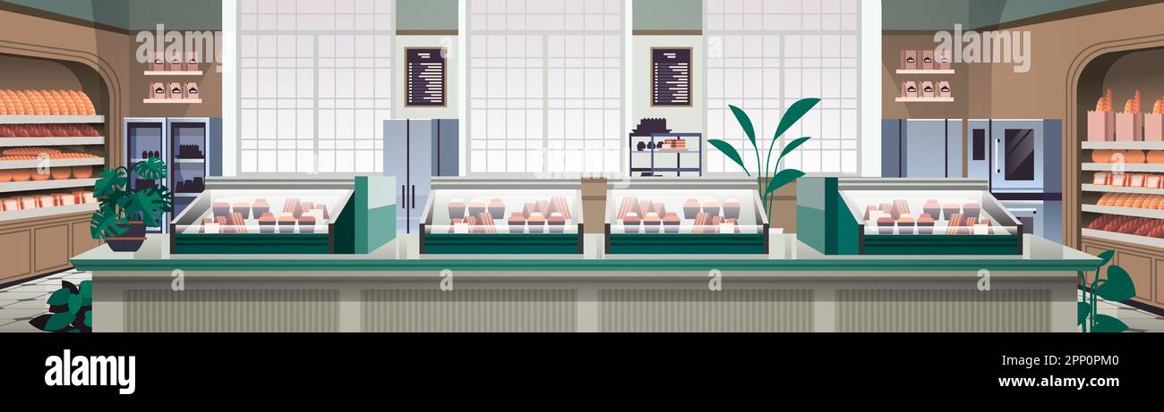 empty bakery interior shop showcase with fresh pastries sweets cakes ...
