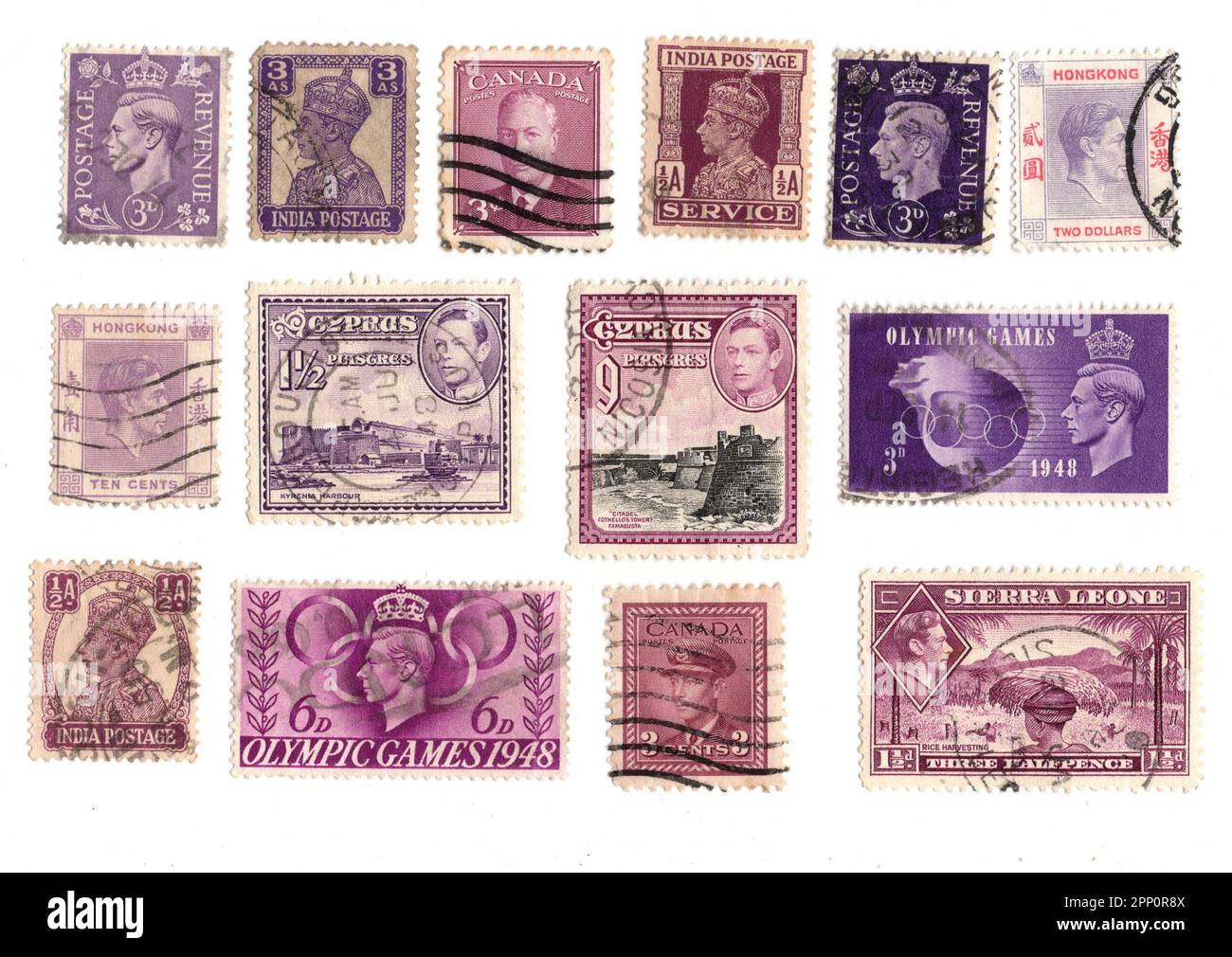 King VI postage stamps from around the world isolated on a white
