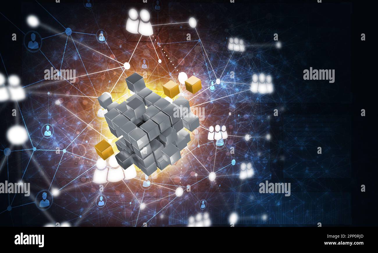 Concept of Internet and networking with digital cube figure on dark ...