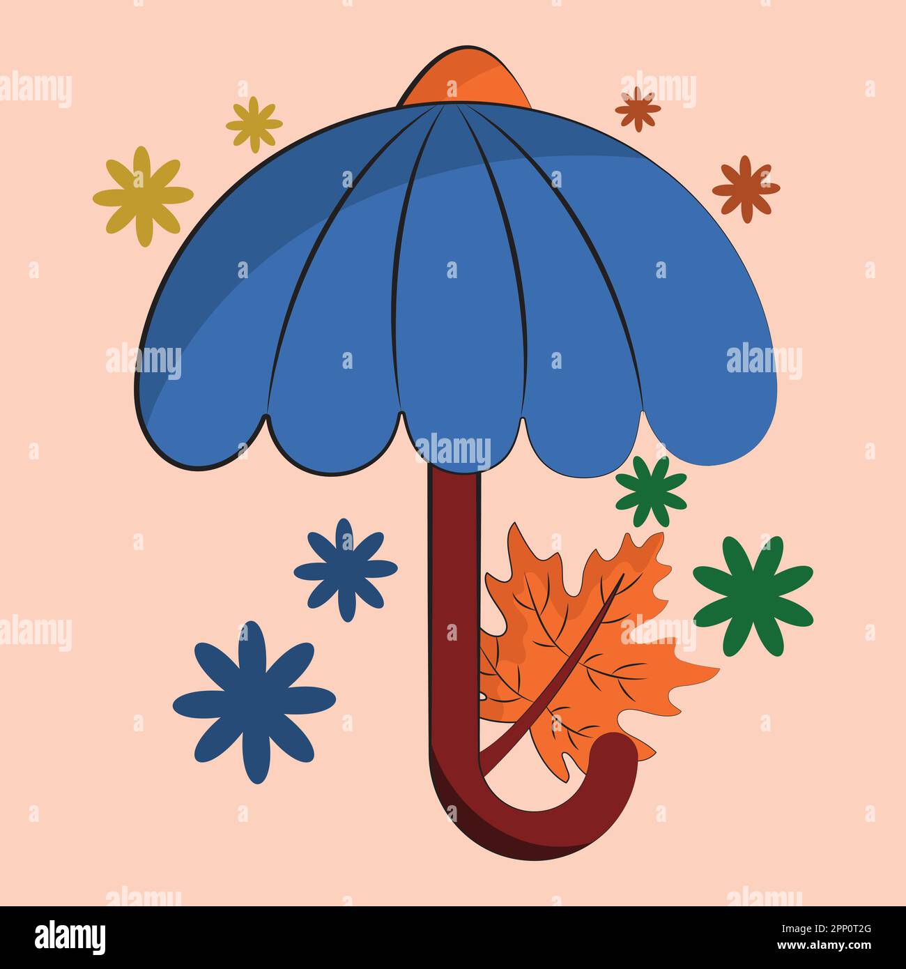 Open Umbrella With Maple Leaf And Flowers On Peach Background. Stock Vector