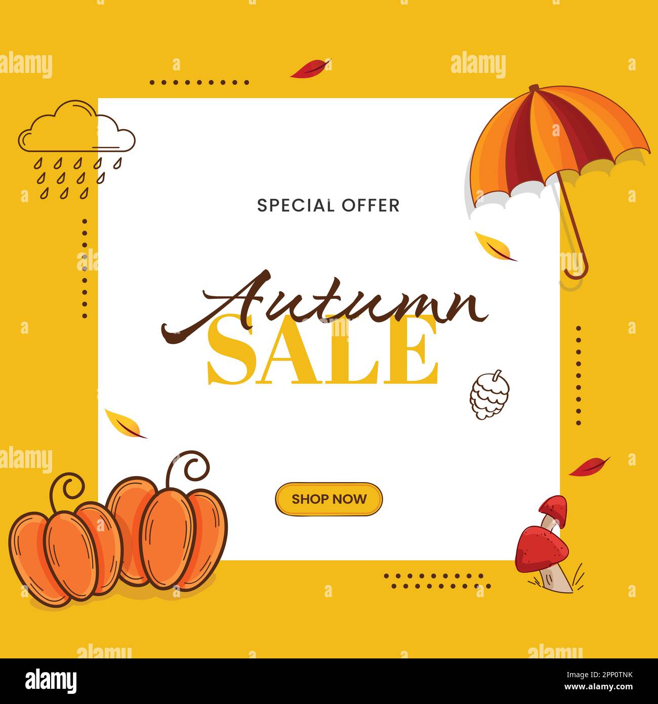 Autumn Sale Poster Design With Flat Pumpkins, Toadstool, Umbrella On White And Yellow Background. Stock Vector