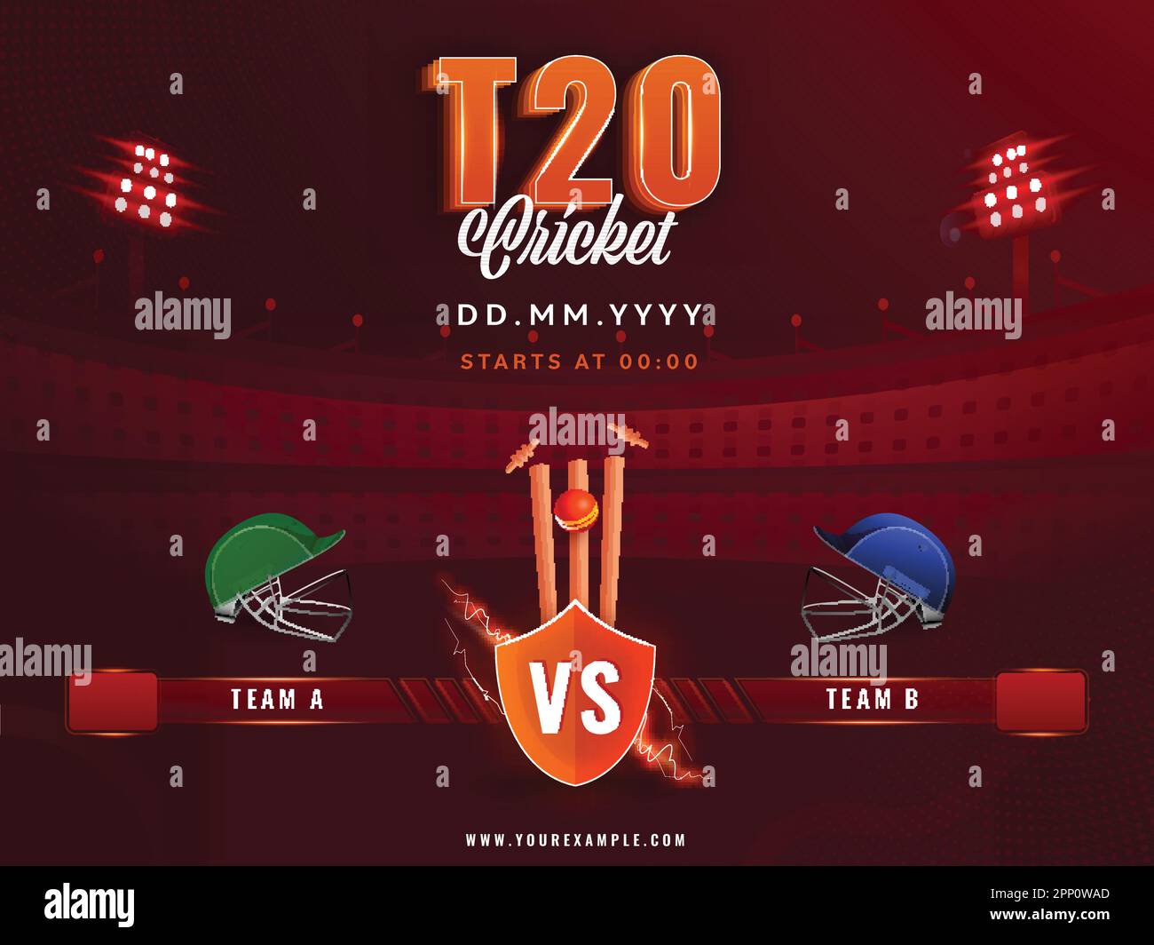 T20 Cricket Match Between Team A VS B With Attire Helmets And Ball Hitting Wicket Stump On Red